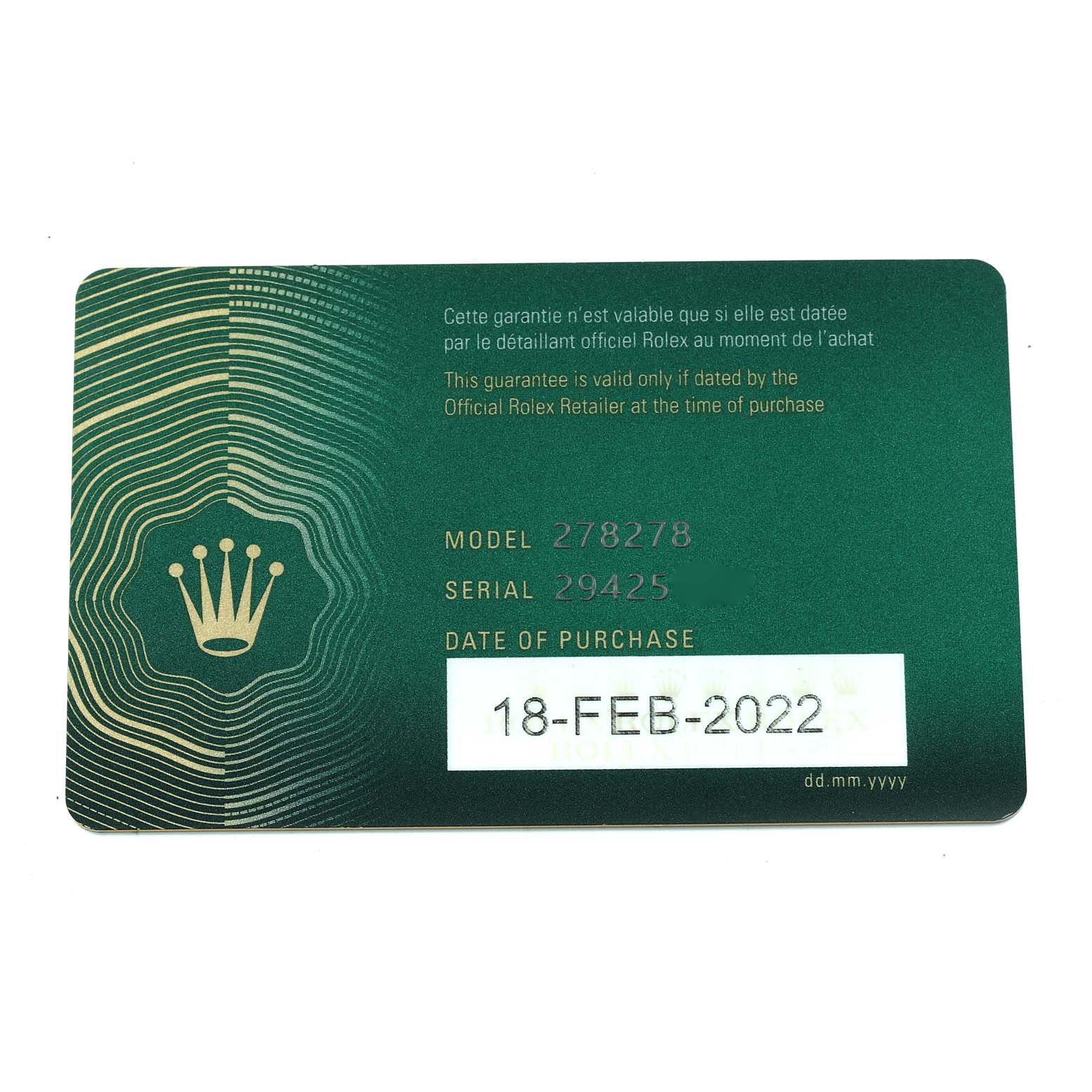This image shows a warranty card for a Rolex President 278278 Women's Yellow Gold Green Dial 278278 Women's Yellow Gold Green Dial model watch.