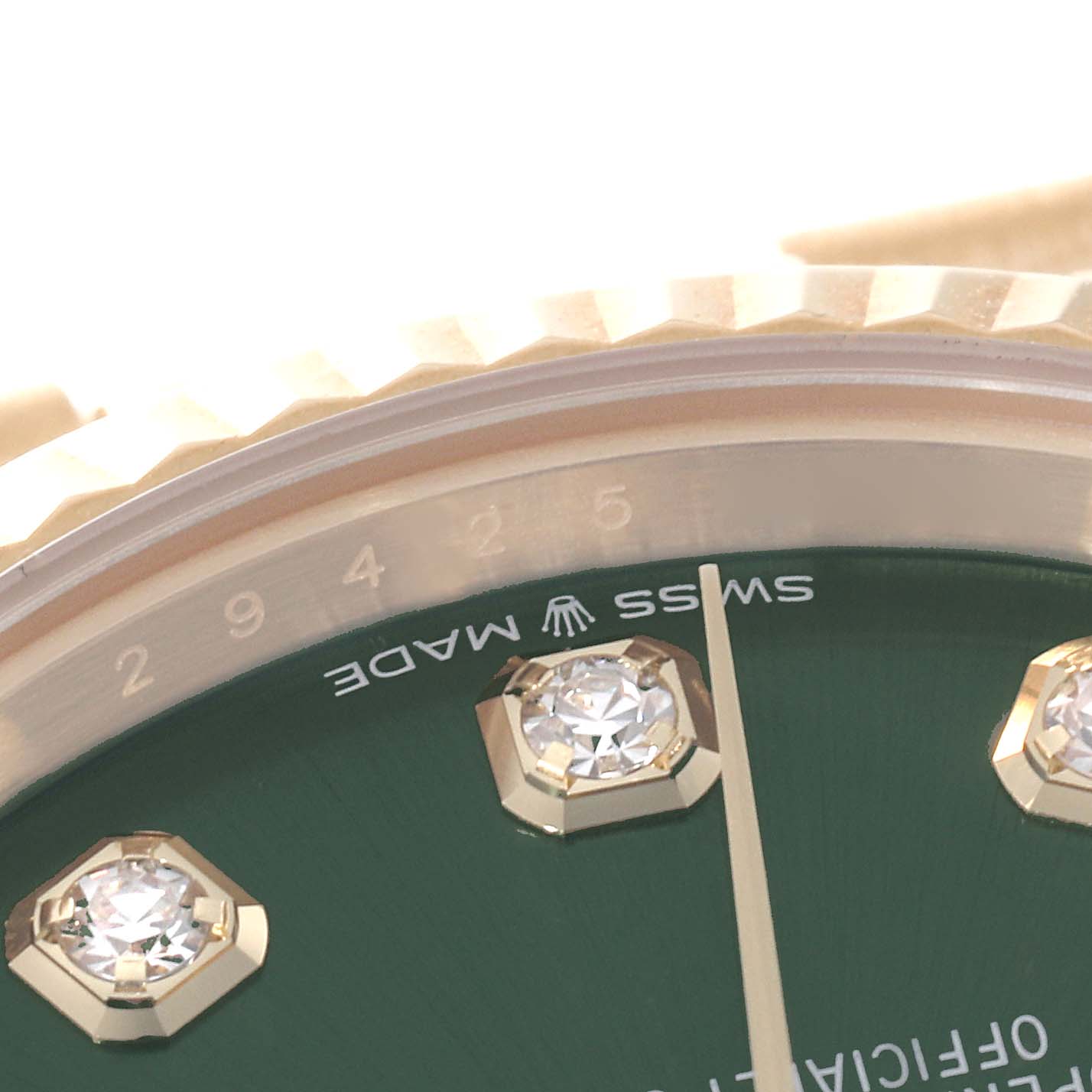 The image shows a close-up of the dial and bezel of a Rolex President 278278 Women's Yellow Gold Green Dial 278278 Women's Yellow Gold Green Dial model watch, featuring diamond hour markers.