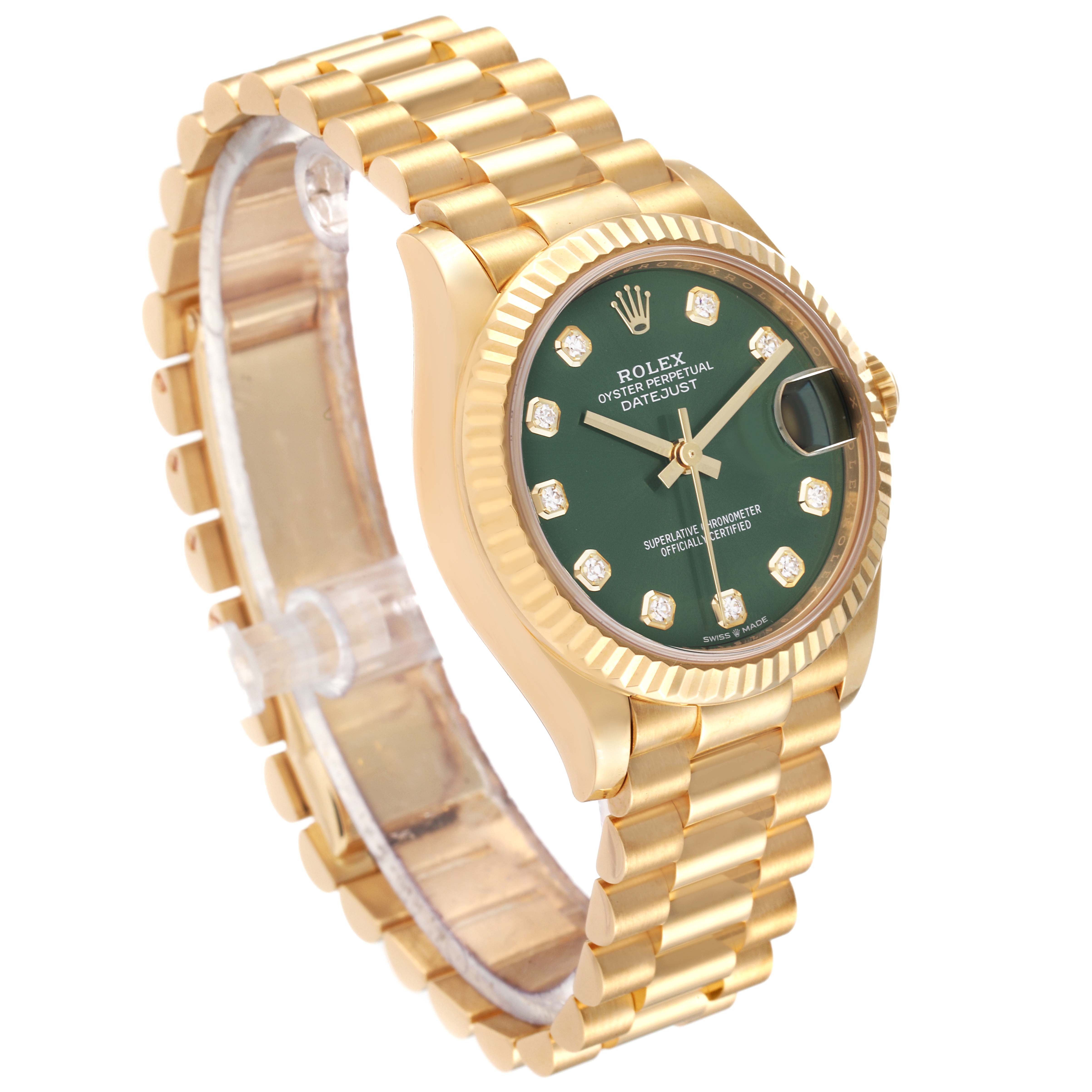 The image shows a Rolex President 278278 Women's Yellow Gold Green Dial 278278 Women's Yellow Gold Green Dial model watch angled to display its gold bracelet, green dial, and fluted bezel.