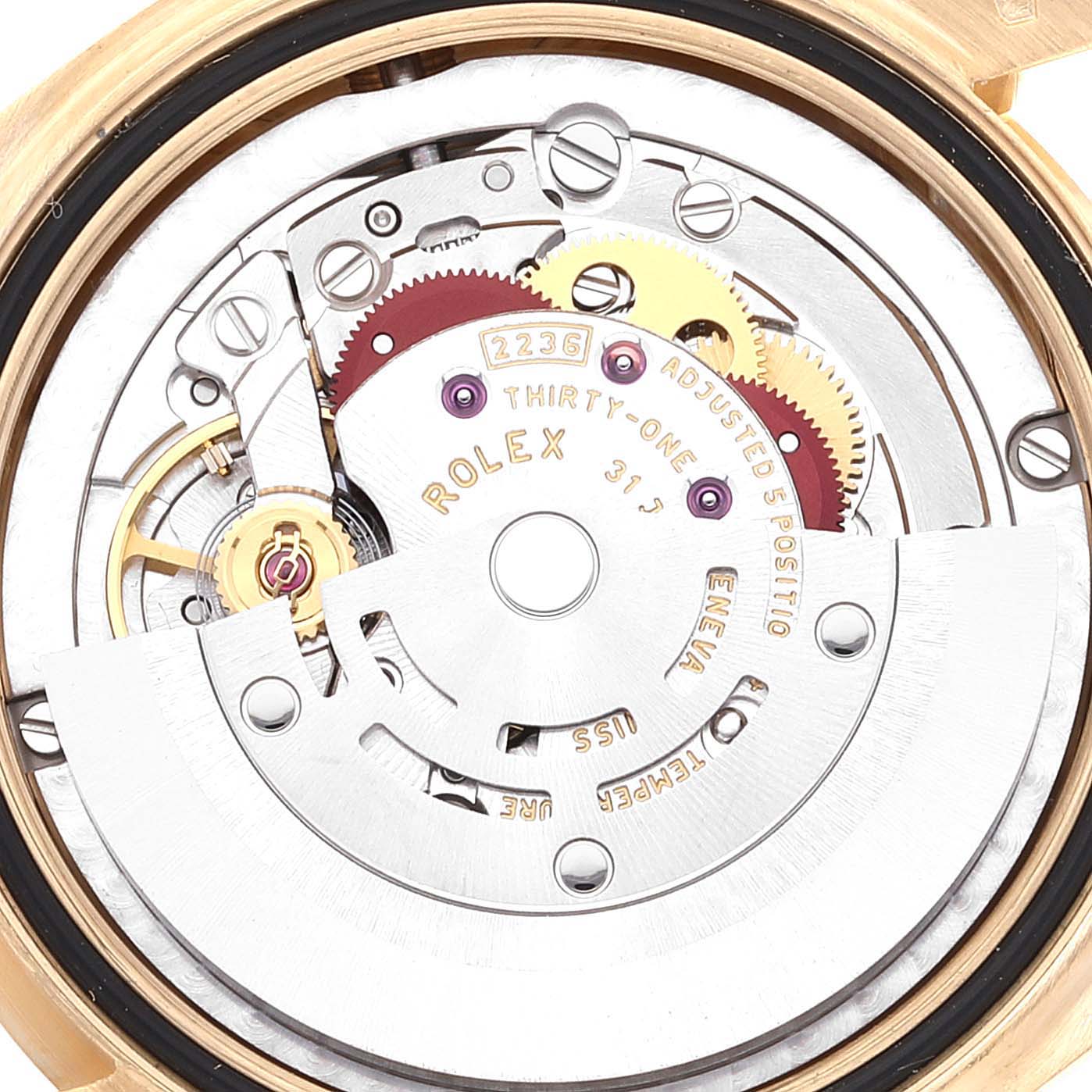 This image shows the internal movement mechanism of a Rolex President 278278 Women's Yellow Gold Green Dial 278278 Women's Yellow Gold Green Dial model watch.