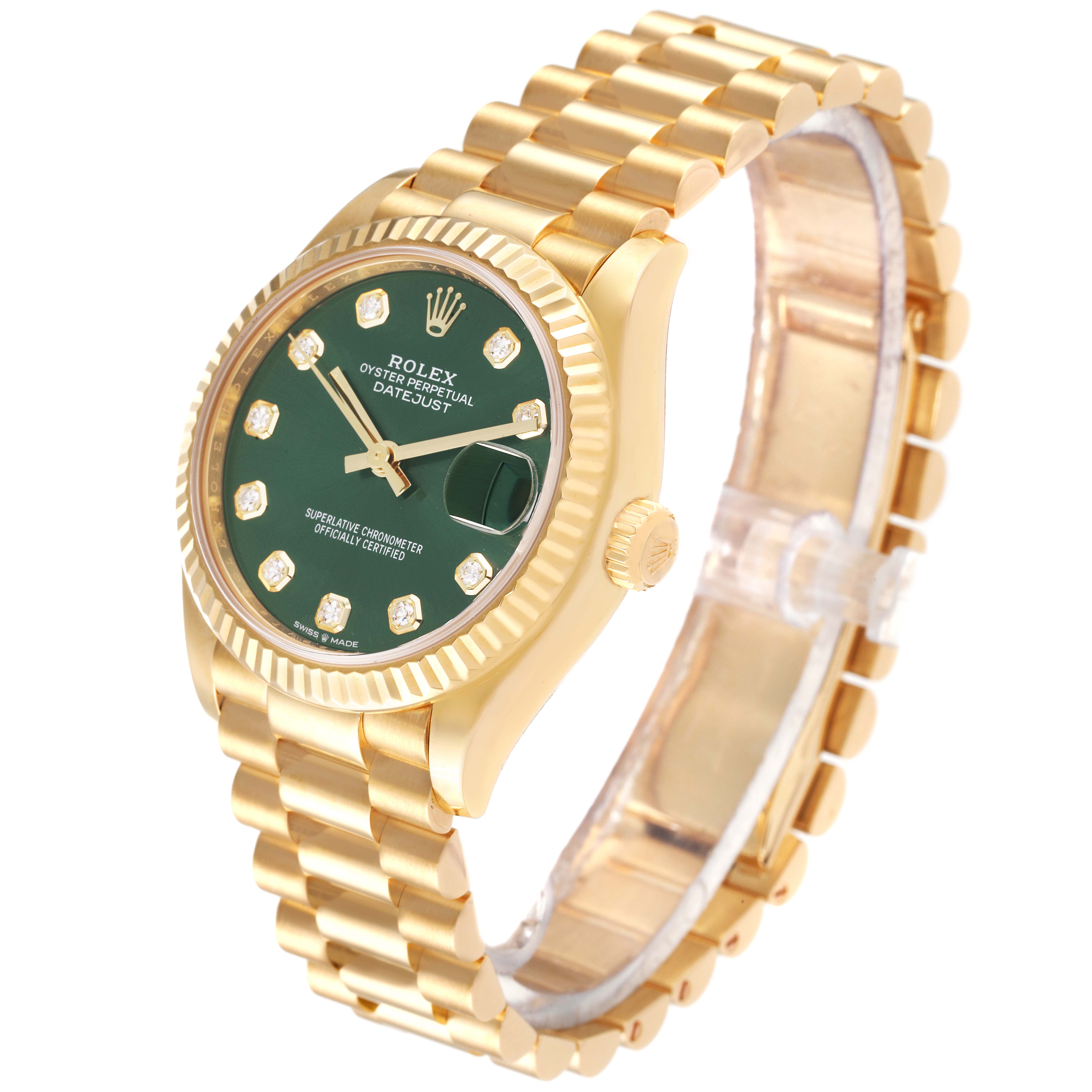 The Rolex President 278278 Women's Yellow Gold Green Dial 278278 Women's Yellow Gold Green Dial model watch is shown at an angle displaying its green dial, fluted bezel, and gold presidential bracelet.