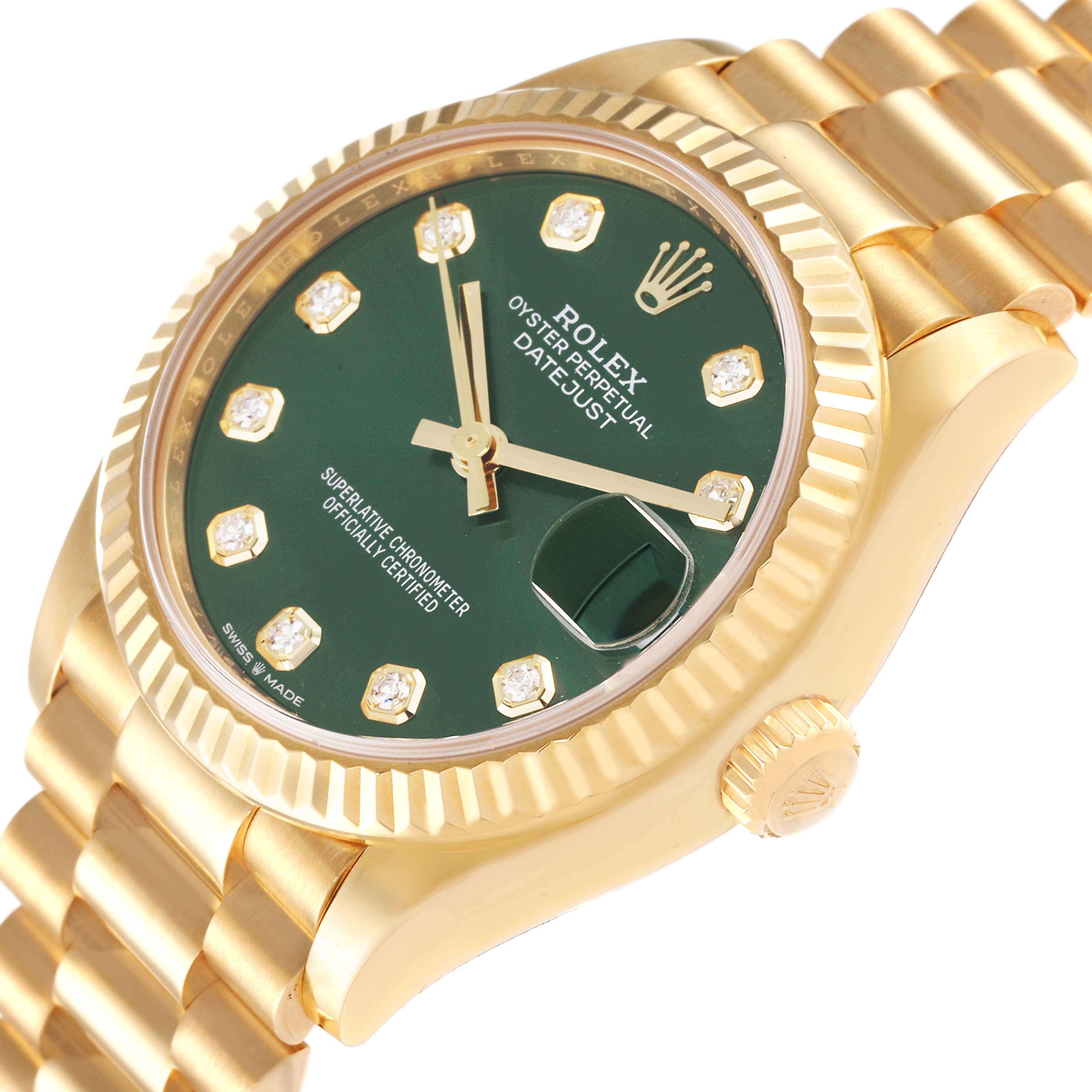 The image shows a Rolex President 278278 Women's Yellow Gold Green Dial 278278 Women's Yellow Gold Green Dial model watch from a slight side angle, highlighting its green dial, gold band, and crown.