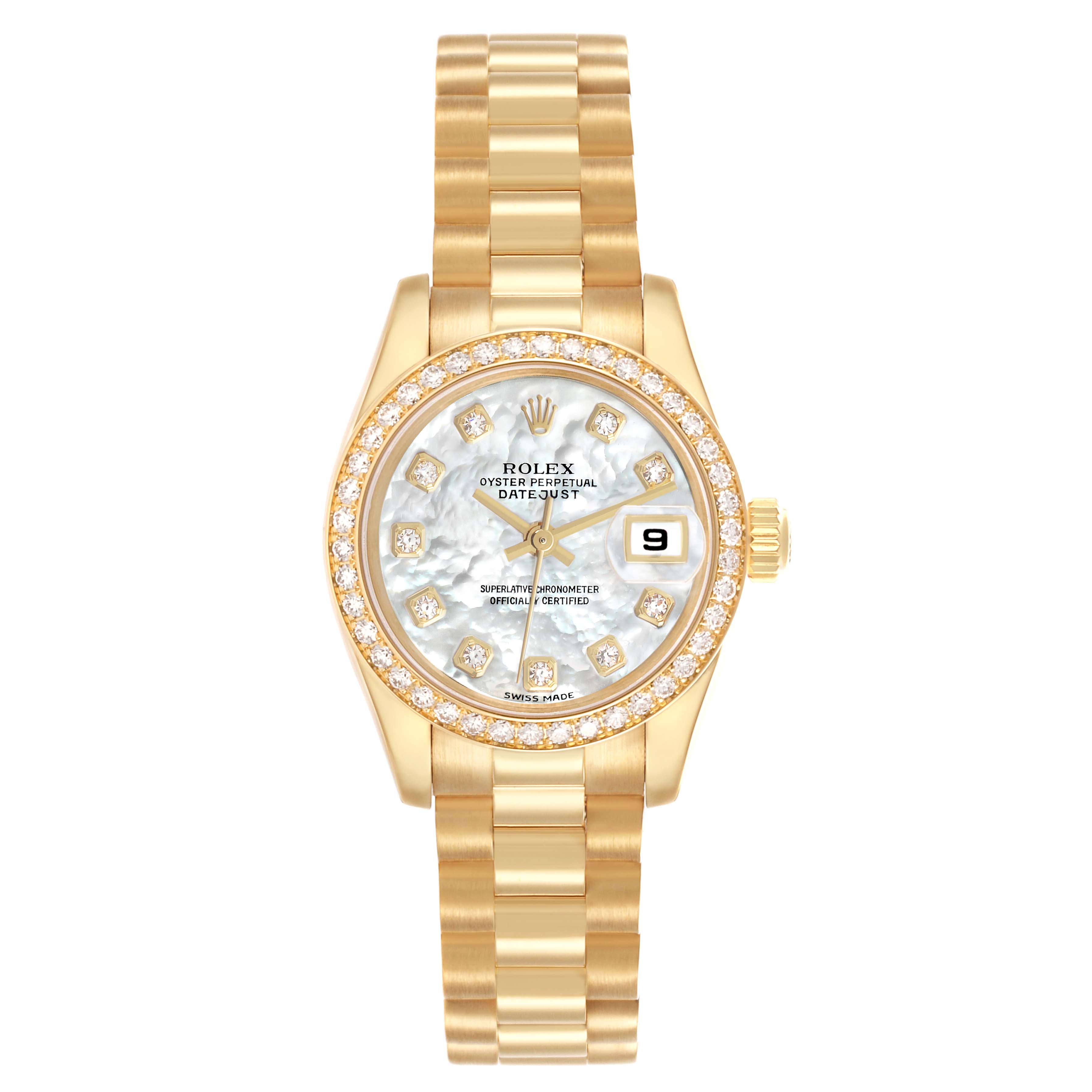 The Rolex President 179138 Women
s Yellow Gold Mother of Pearl Dial watch is shown from a top view, displaying the gold bracelet, diamond bezel, and dial with the date feature.