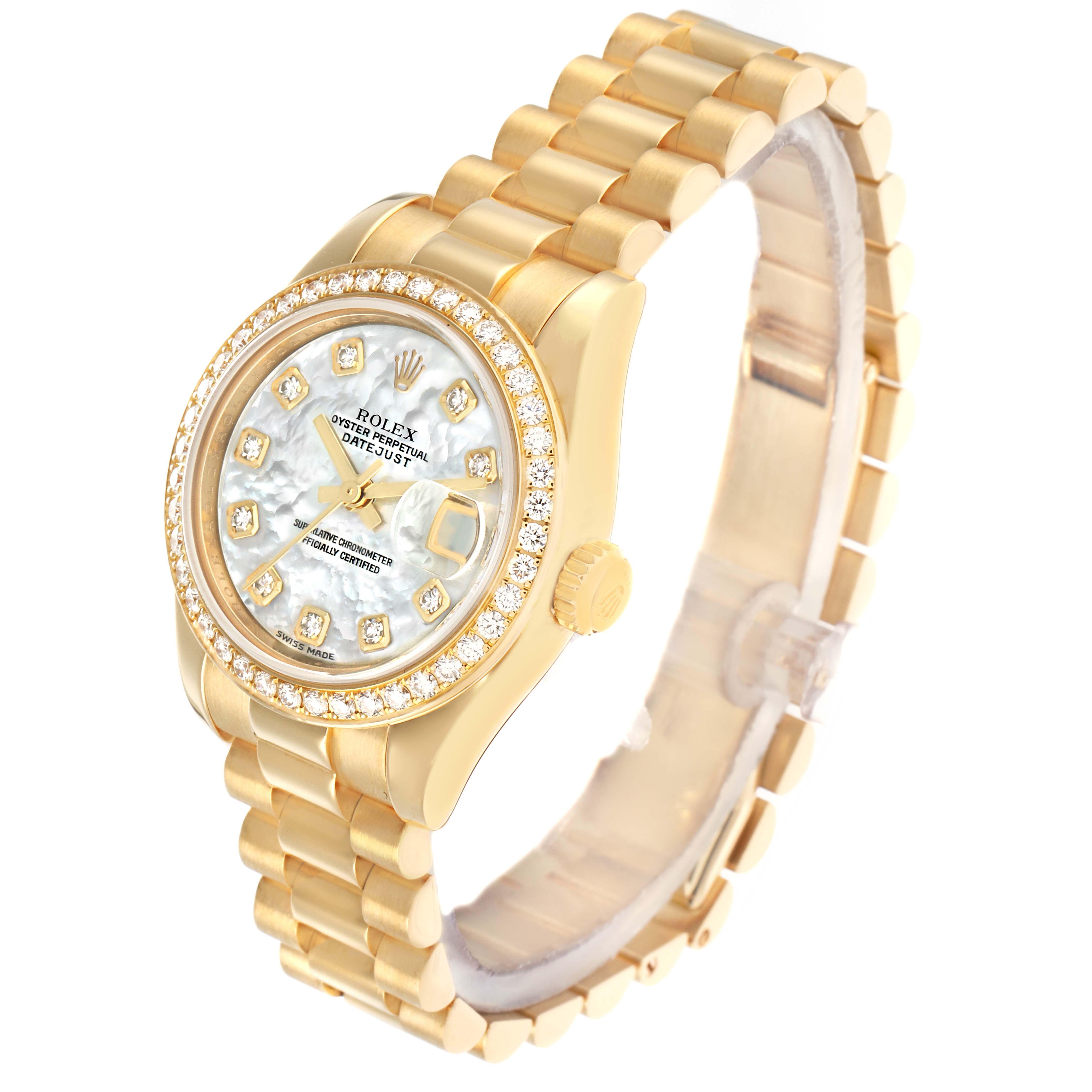 The Rolex President 179138 Women
s Yellow Gold Mother of Pearl Dial model watch is shown at a three-quarter angle, displaying the face, bezel, crown, and bracelet.
