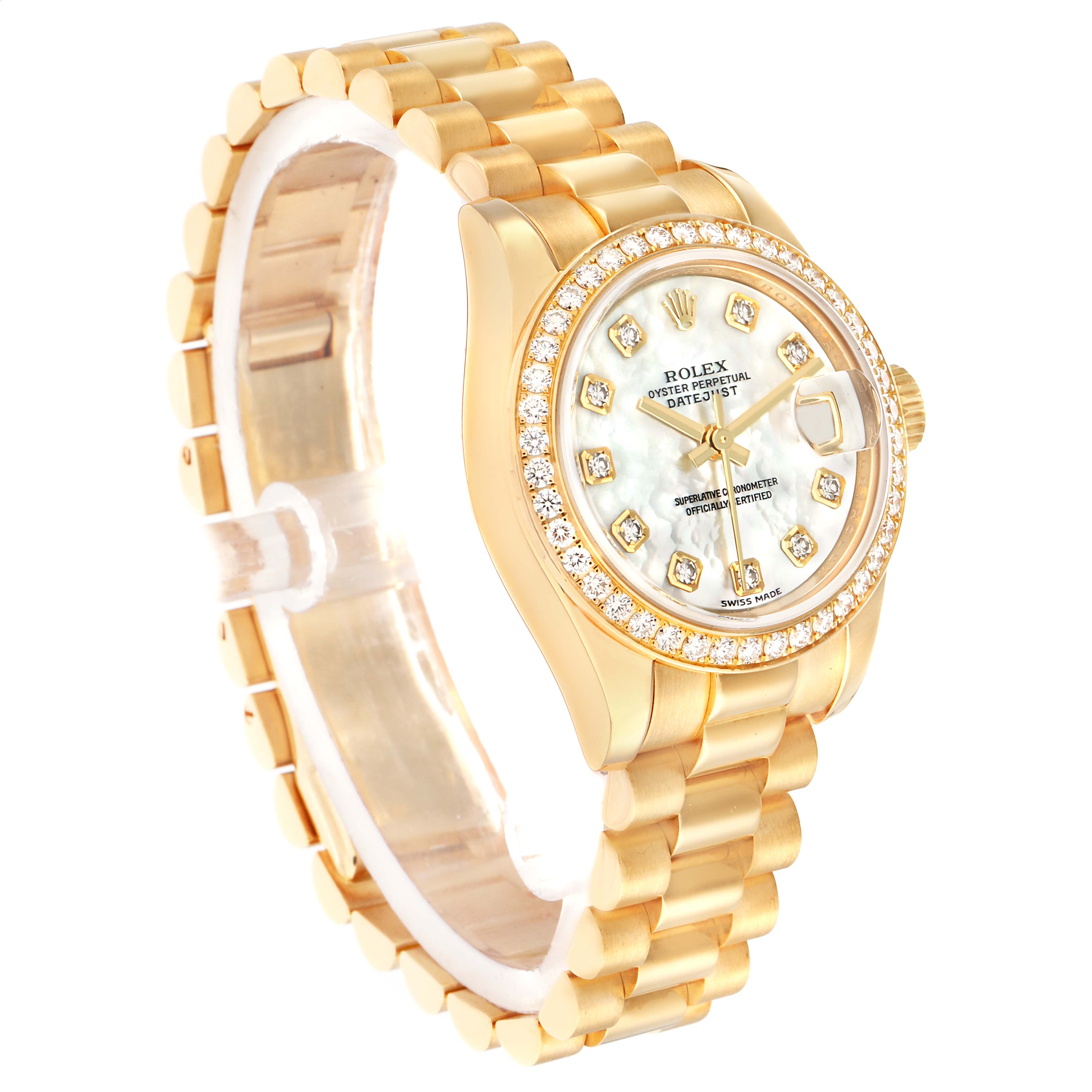 The Rolex President 179138 Women
s Yellow Gold Mother of Pearl Dial model is shown from a three-quarter angle, highlighting the face, bezel, and bracelet.
