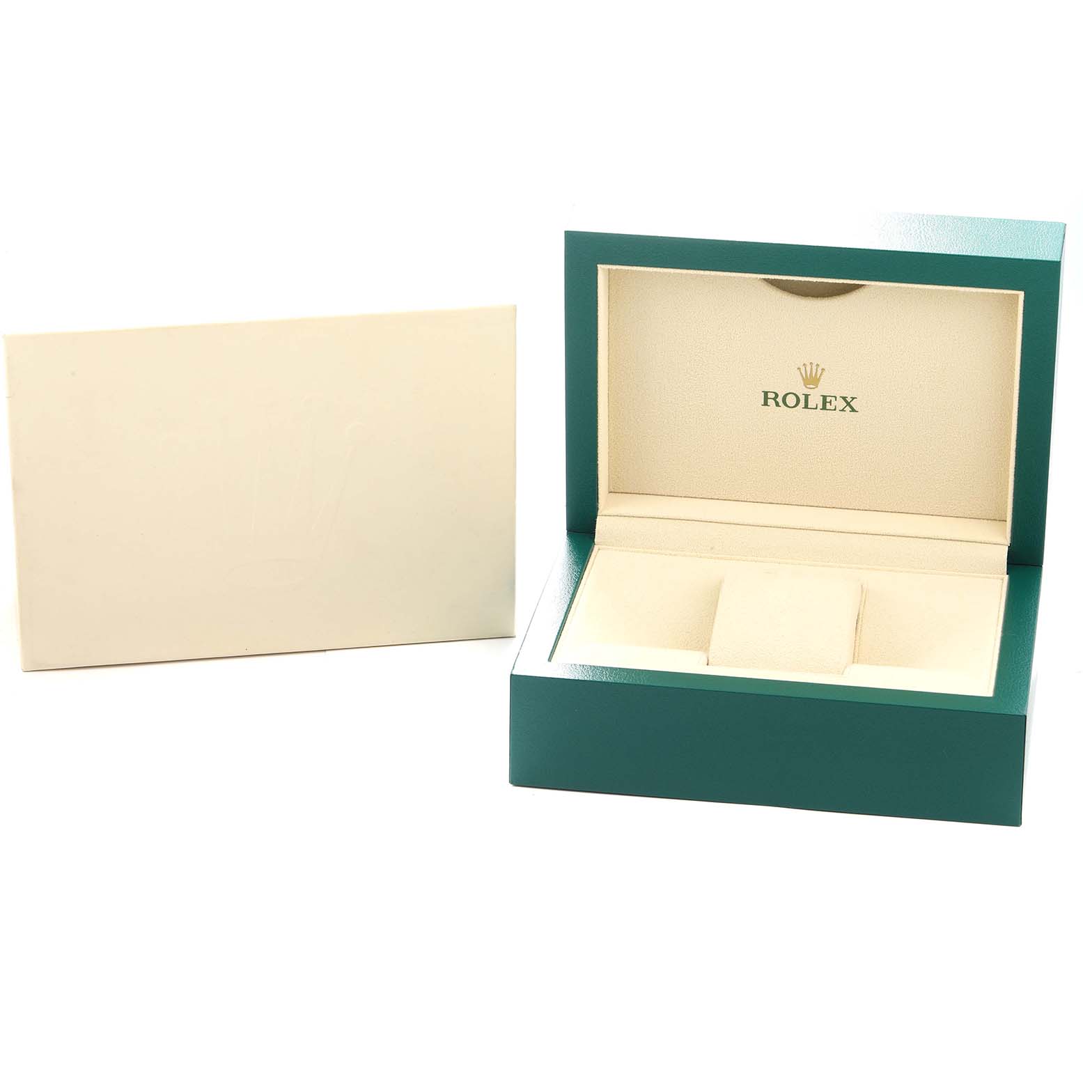 The image shows the open box of a Rolex President 179138 Women
s Yellow Gold Mother of Pearl Dial model watch, featuring its signature green exterior and beige interior.