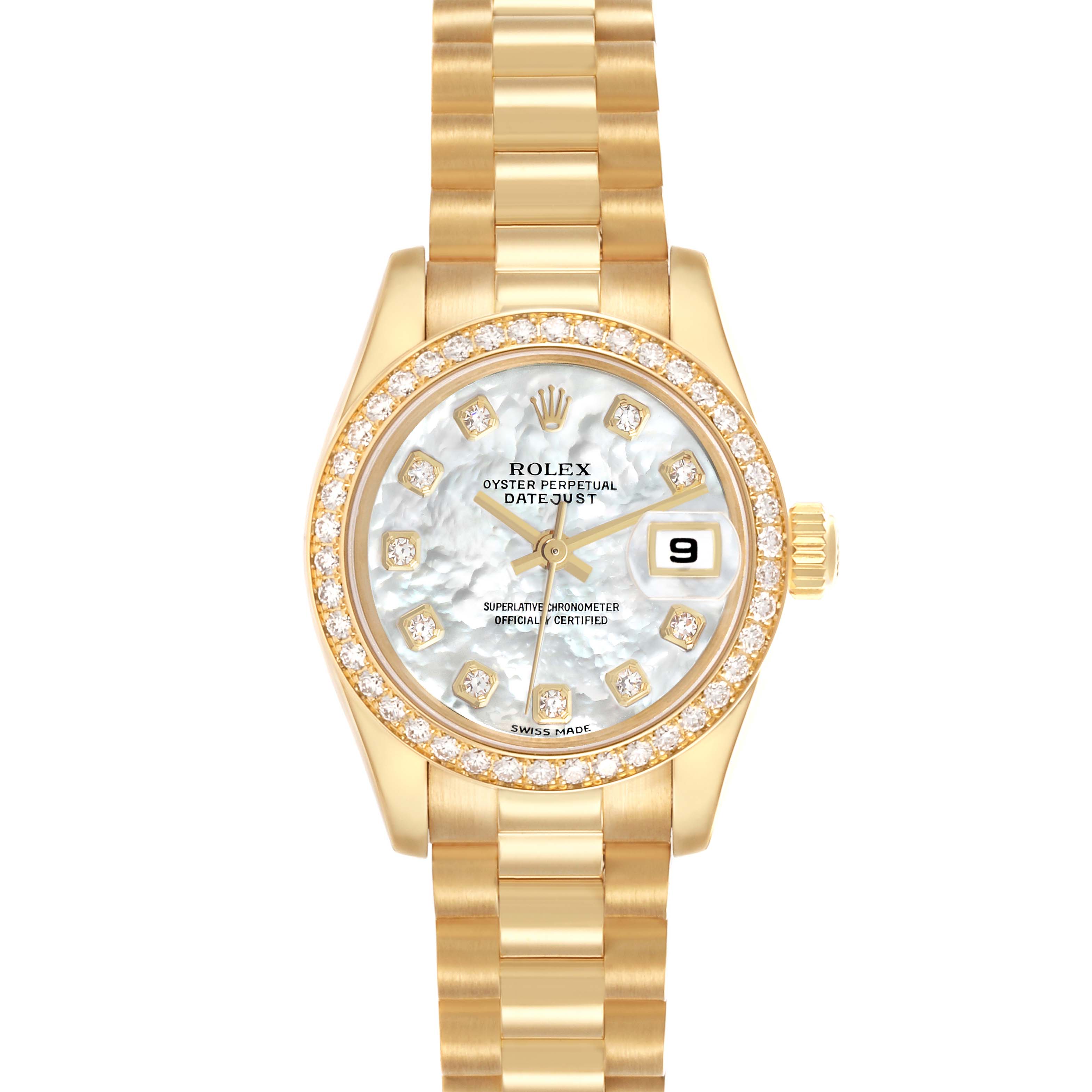 The Rolex President 179138 Women
s Yellow Gold Mother of Pearl Dial model is shown from the front, highlighting the dial, bezel, bracelet, and crown.