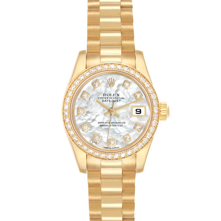 The Rolex President 179138 Women's Yellow Gold Mother of Pearl Dial model is shown from the front, highlighting the dial, bezel, bracelet, and crown.