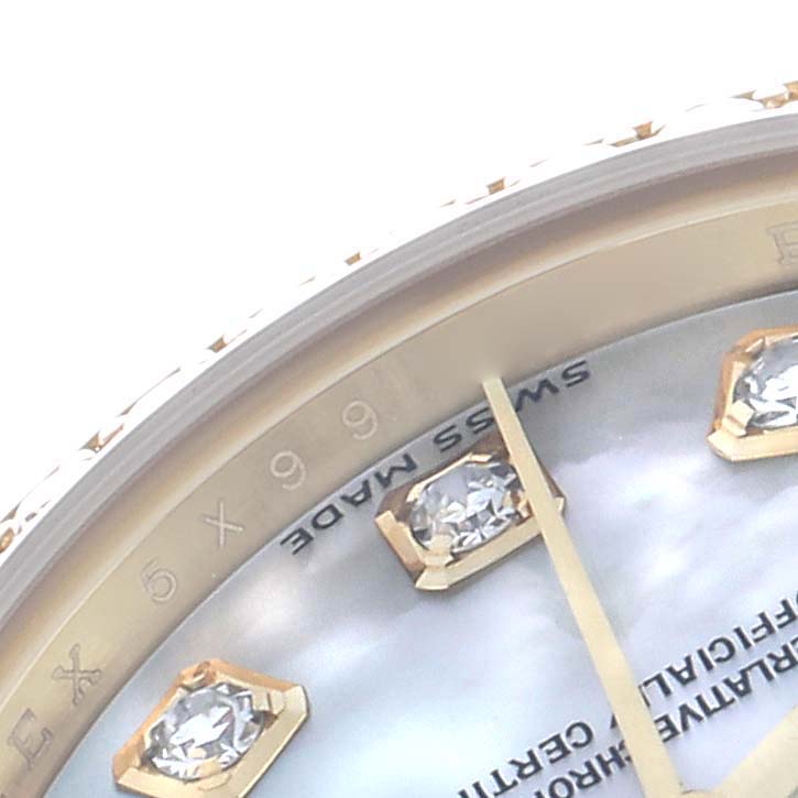 The image shows a close-up angle of the Rolex President 179138 Women
s Yellow Gold Mother of Pearl Dial model, focusing on the dial, diamond hour markers, and part of the bezel.