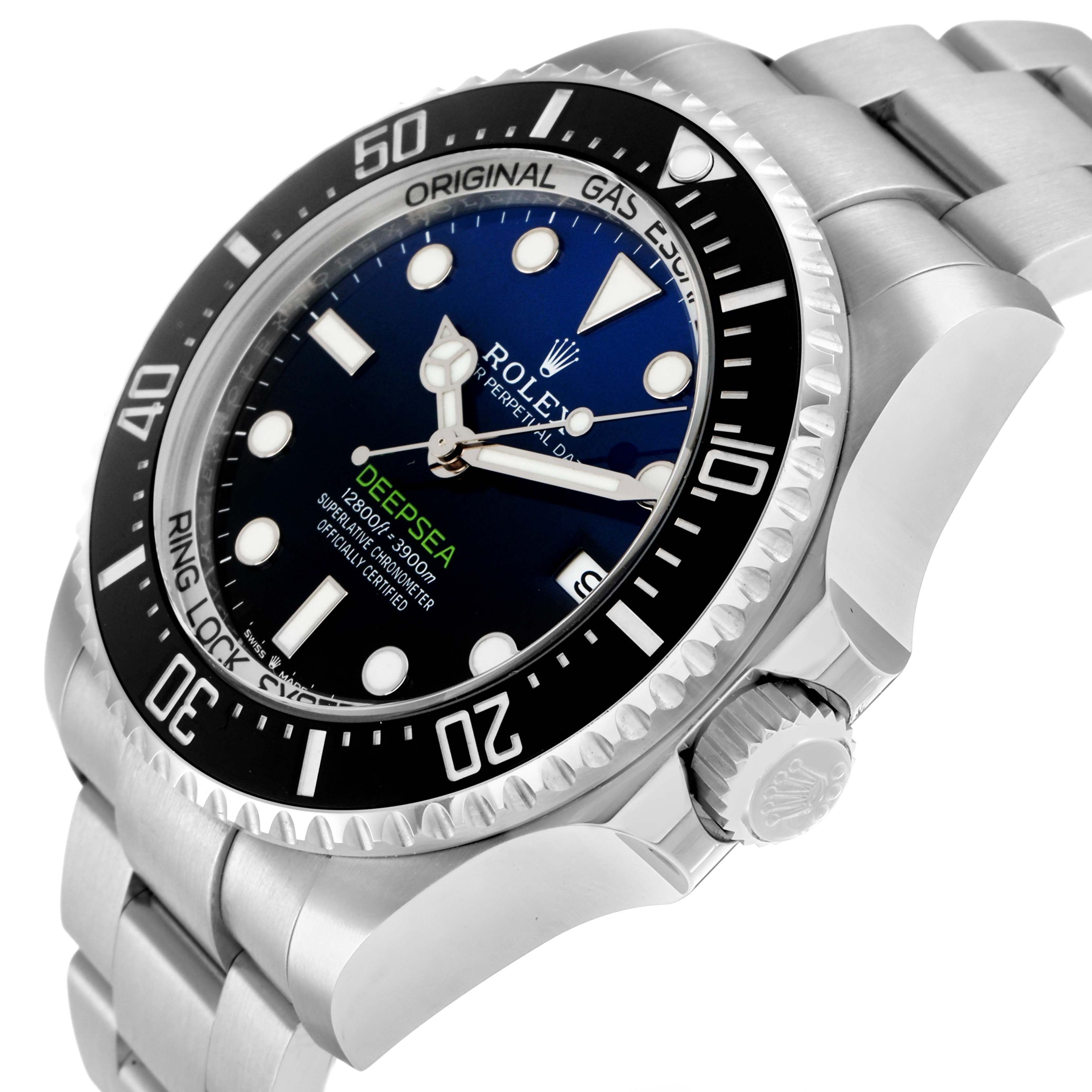 The Rolex Sea-Dweller 136660 Men
s Stainless Steel Blue Dial watch is shown at a three-quarter angle, highlighting the face, bezel, crown, and part of the bracelet.