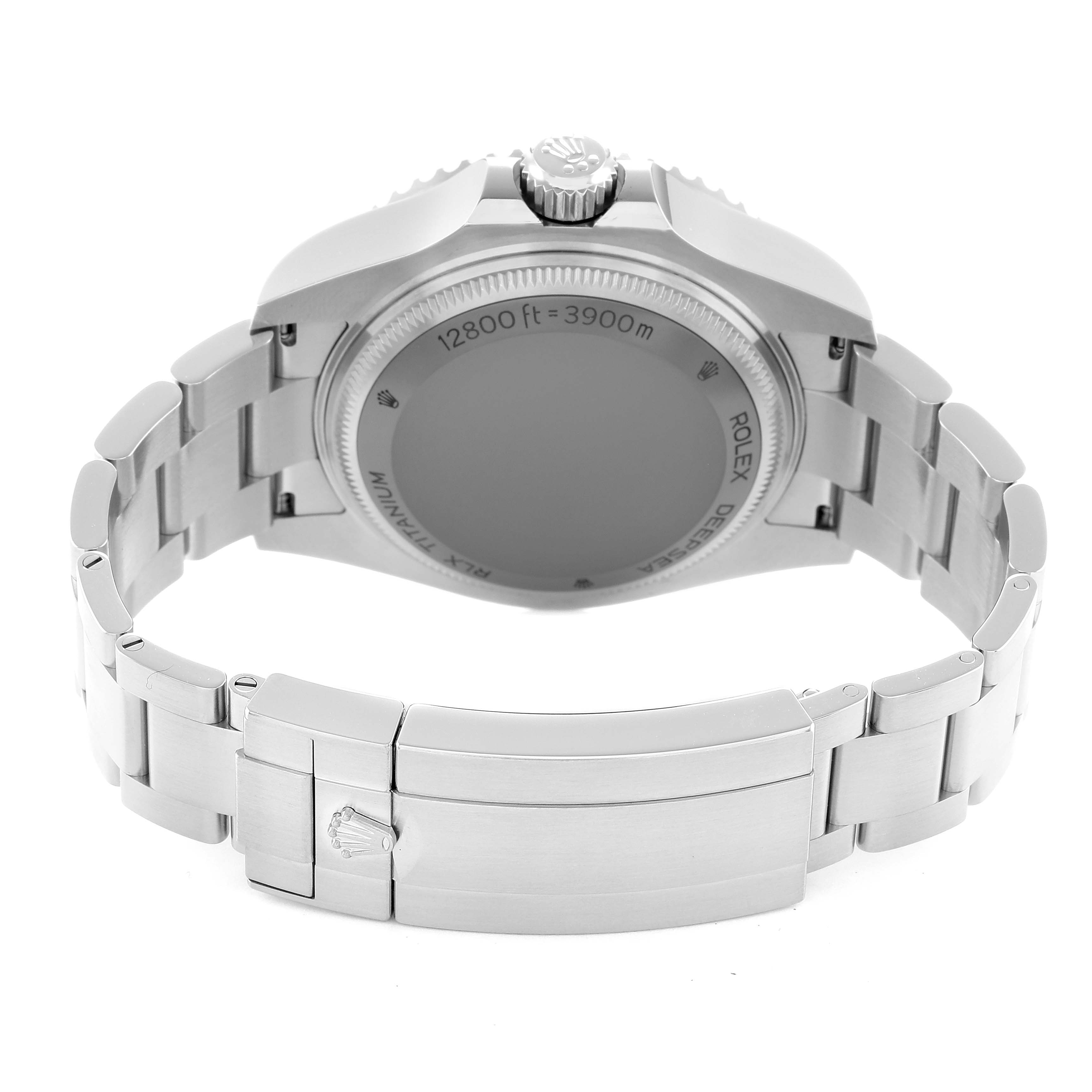 The image shows the back of a Rolex Sea-Dweller 136660 Men
s Stainless Steel Blue Dial, highlighting the case, bracelet, and clasp from a rear angle.