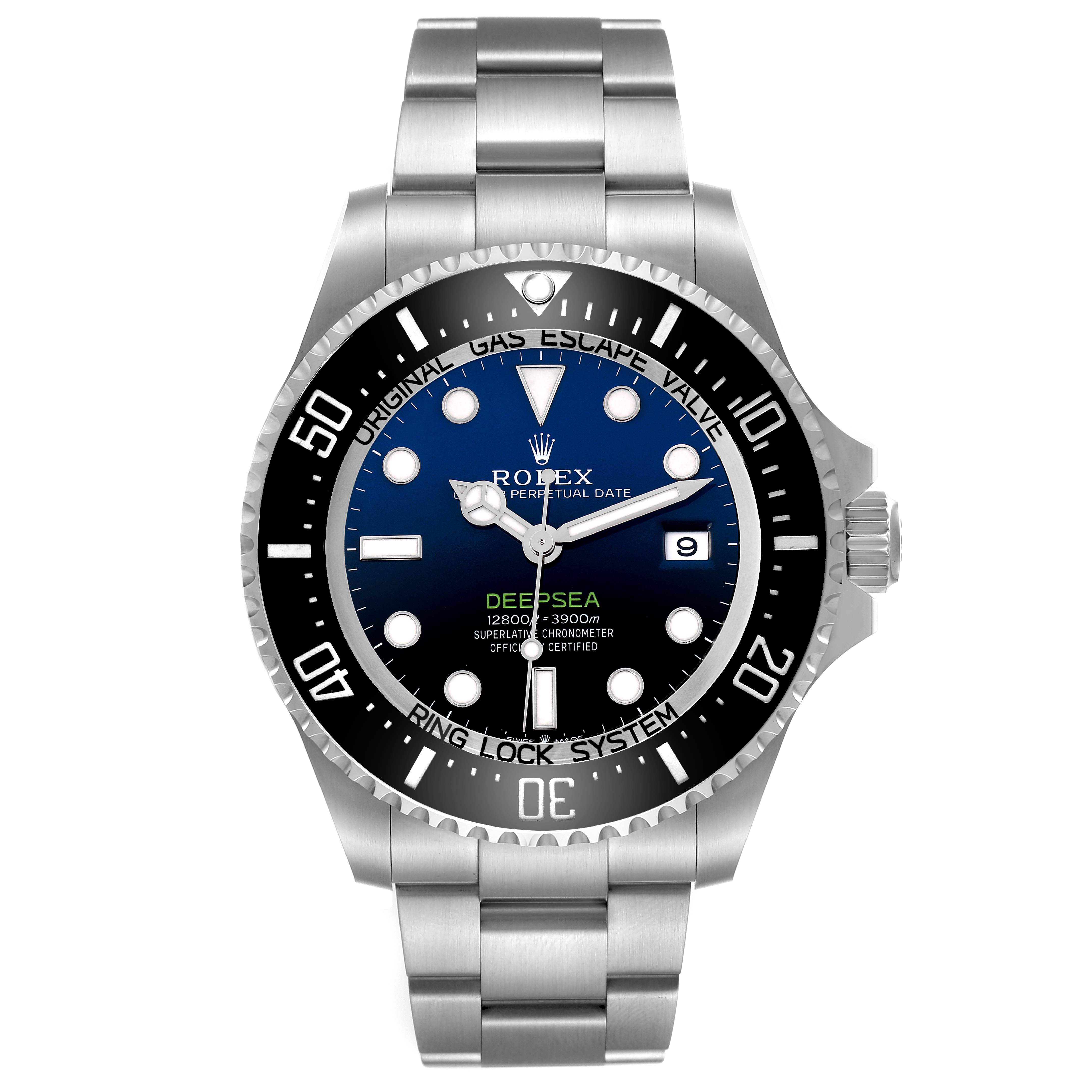 The Rolex Sea-Dweller 136660 Men
s Stainless Steel Blue Dial watch is shown from a front angle, displaying its dial, bezel, and bracelet.