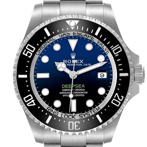 The Rolex Sea-Dweller 136660 Men's Stainless Steel Blue Dial watch is shown front-on, displaying the face, bezel, crown, and part of the bracelet.