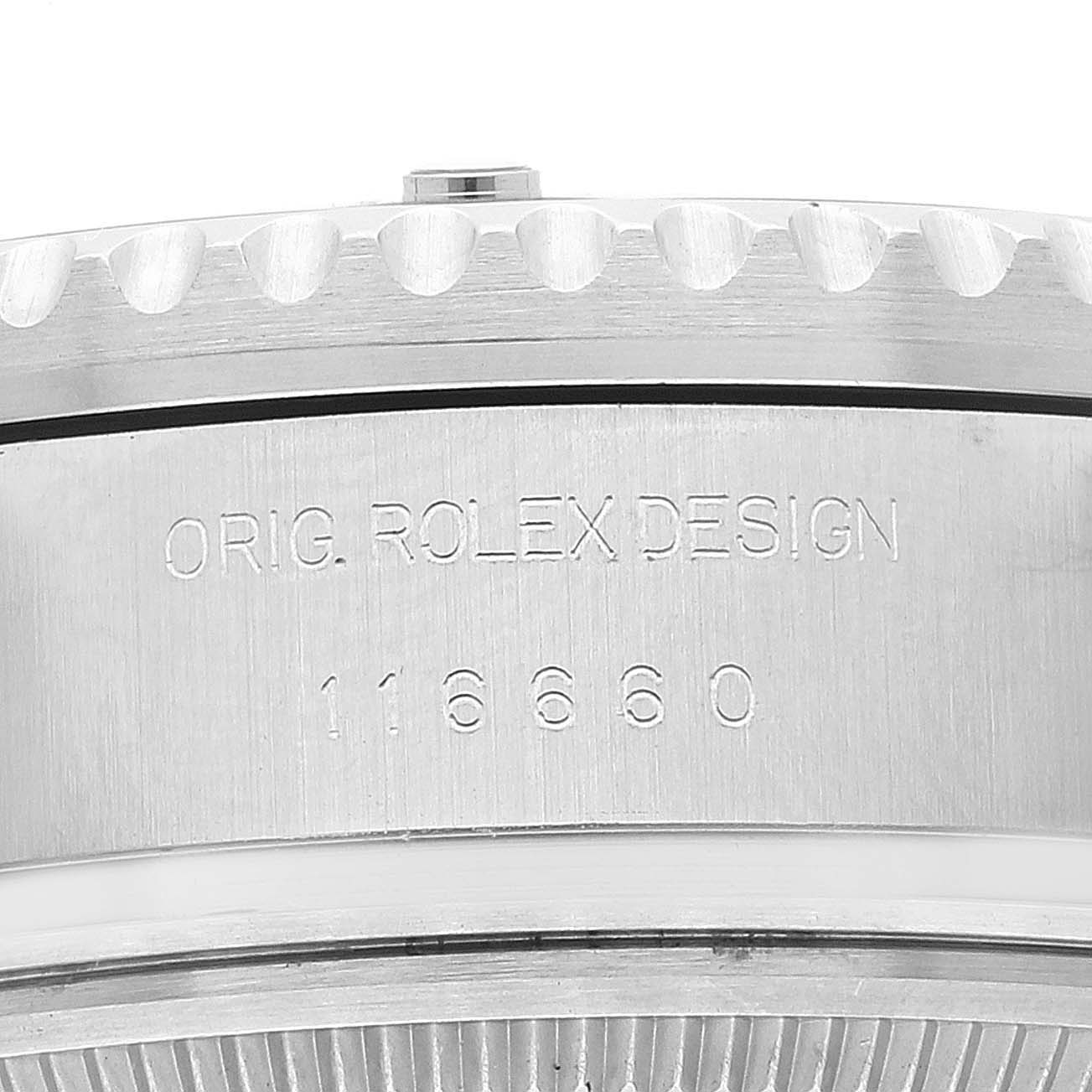 This image shows a close-up of the side of a Rolex Sea-Dweller 116660 Men
s Stainless Steel Blue Dial 116660 Men
s Stainless Steel Blue Dial watch, highlighting the engraved model number and design details.