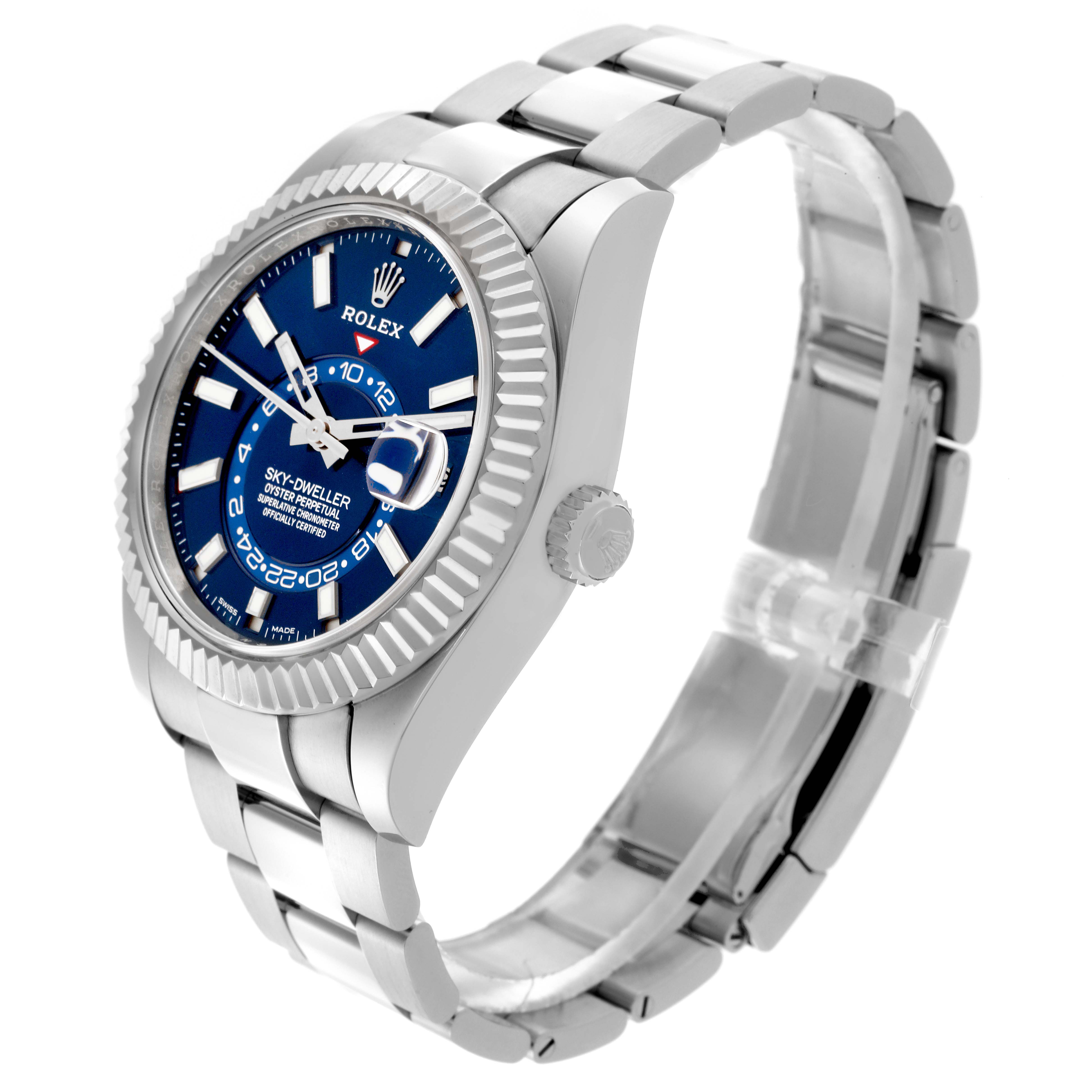 The Rolex Sky-Dweller 326934 Men's Stainless Steel Blue Dial 326934 Men's Stainless Steel Blue Dial watch is shown at a three-quarter angle, highlighting the blue dial, bezel, crown, and bracelet.