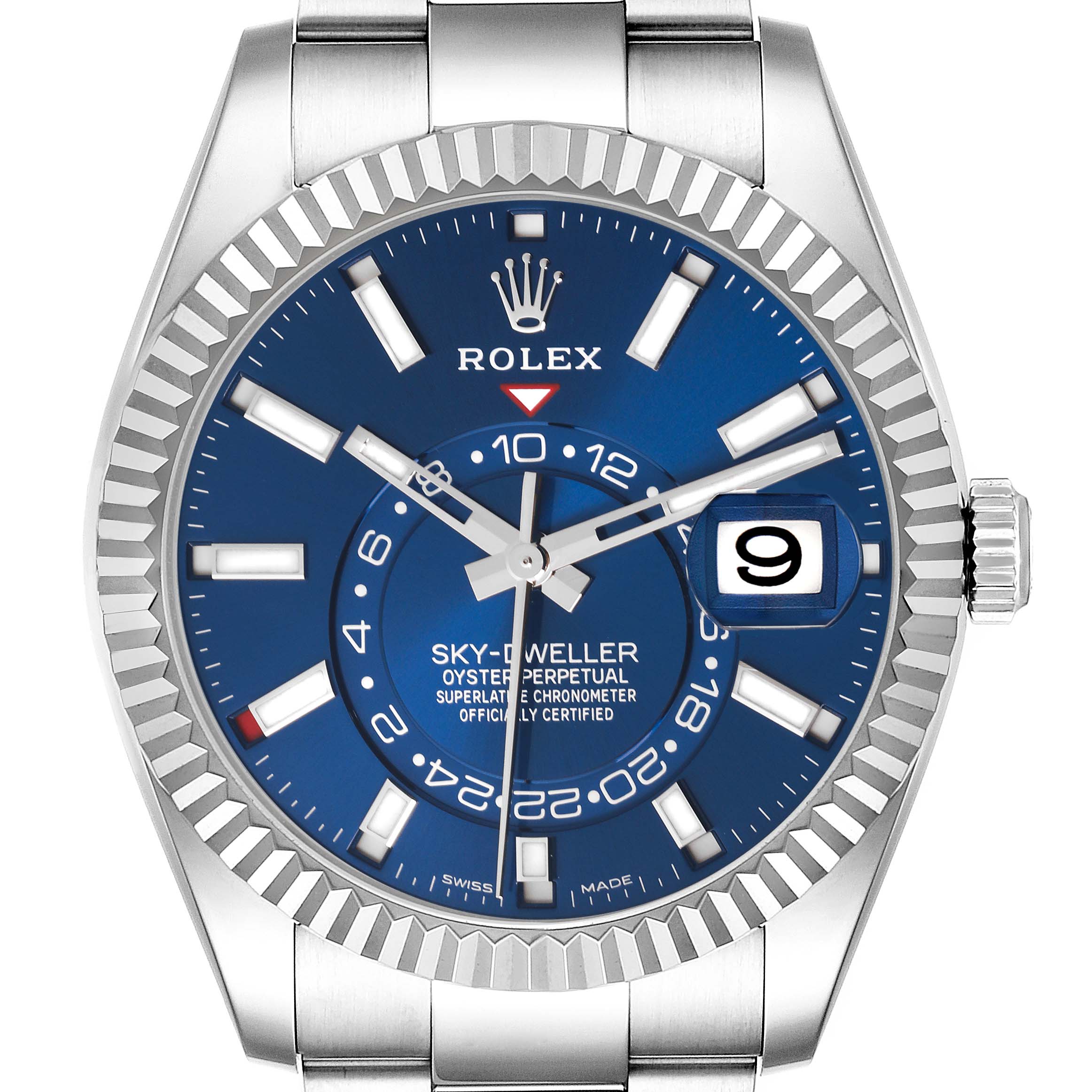 The Rolex Sky-Dweller 326934 Men's Stainless Steel Blue Dial 326934 Men's Stainless Steel Blue Dial watch is shown from a direct front angle, highlighting its blue dial and date display.