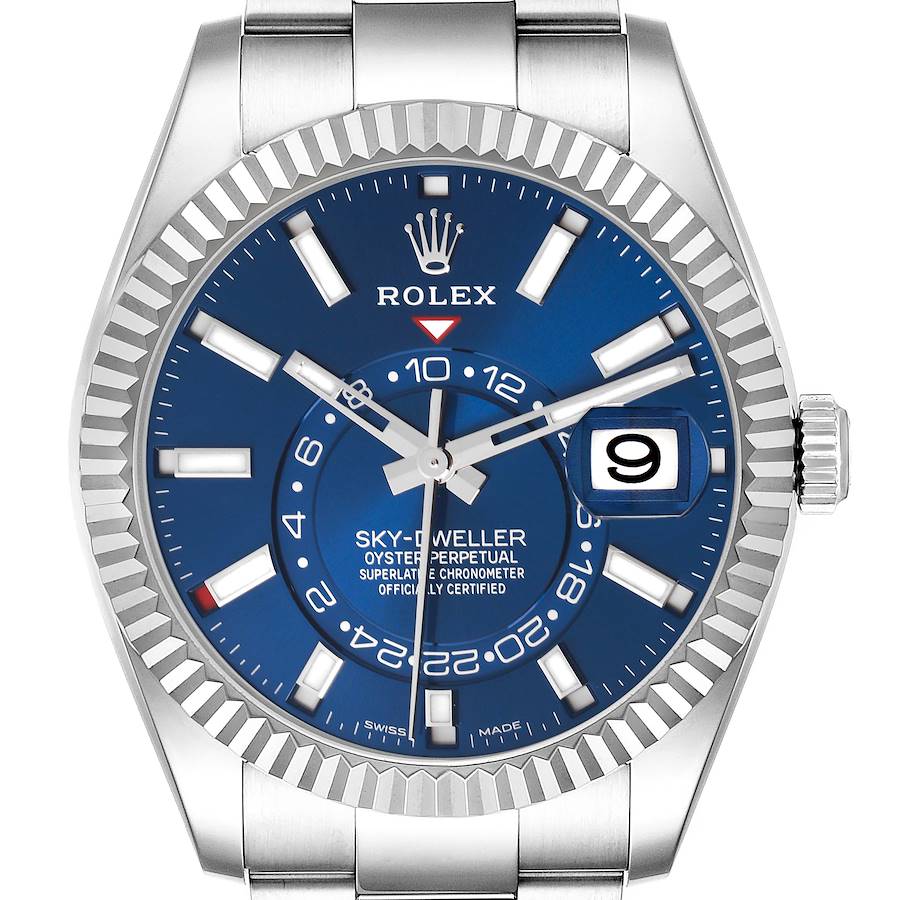 The Rolex Sky-Dweller watch is shown from a direct front angle, highlighting its blue dial and date display.