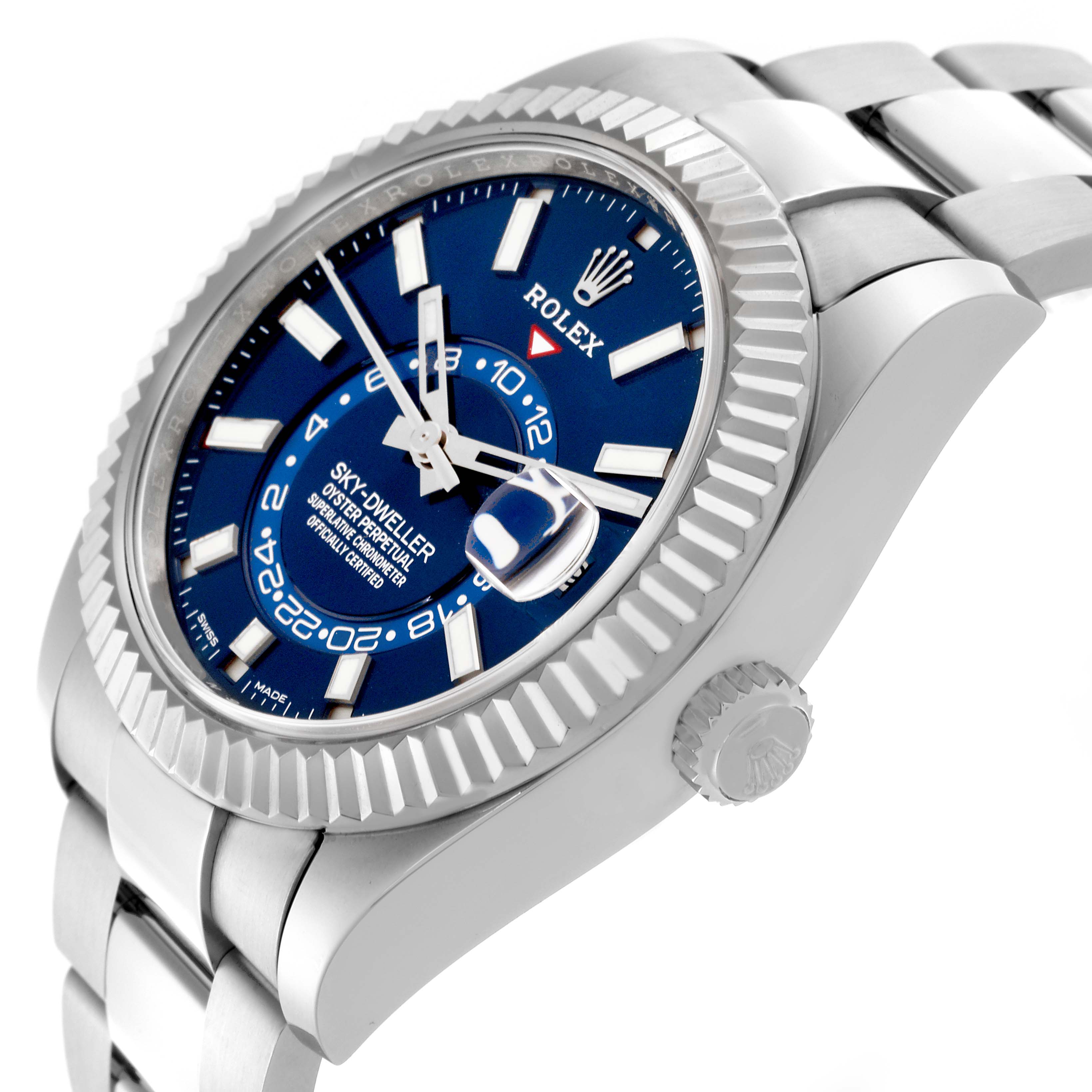 The Rolex Sky-Dweller 326934 Men's Stainless Steel Blue Dial 326934 Men's Stainless Steel Blue Dial is shown at a slight angle, highlighting the watch face, bezel, crown, and bracelet.
