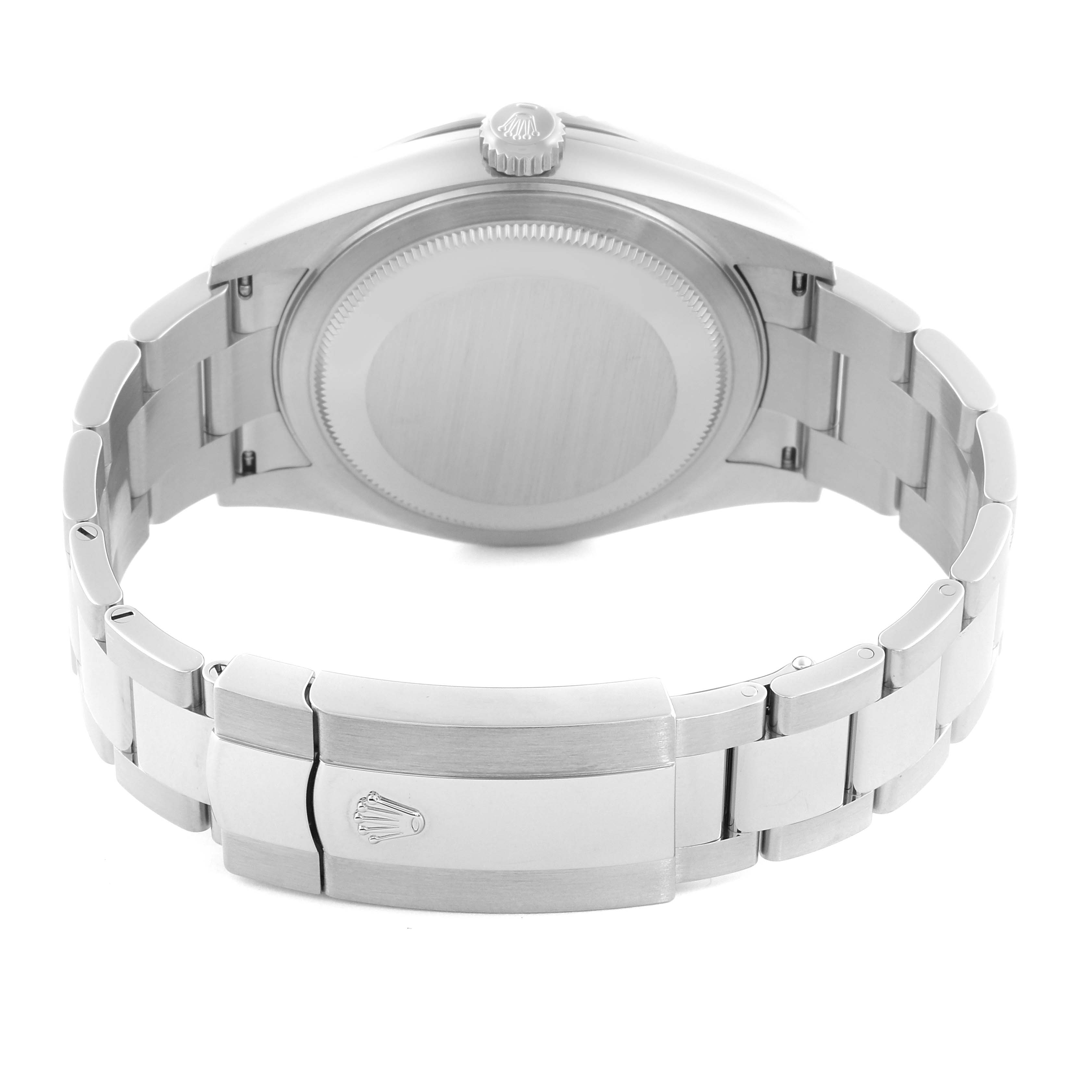 The Rolex Sky-Dweller 326934 Men's Stainless Steel Blue Dial 326934 Men's Stainless Steel Blue Dial is shown from the back, highlighting the caseback and bracelet with the clasp visible.