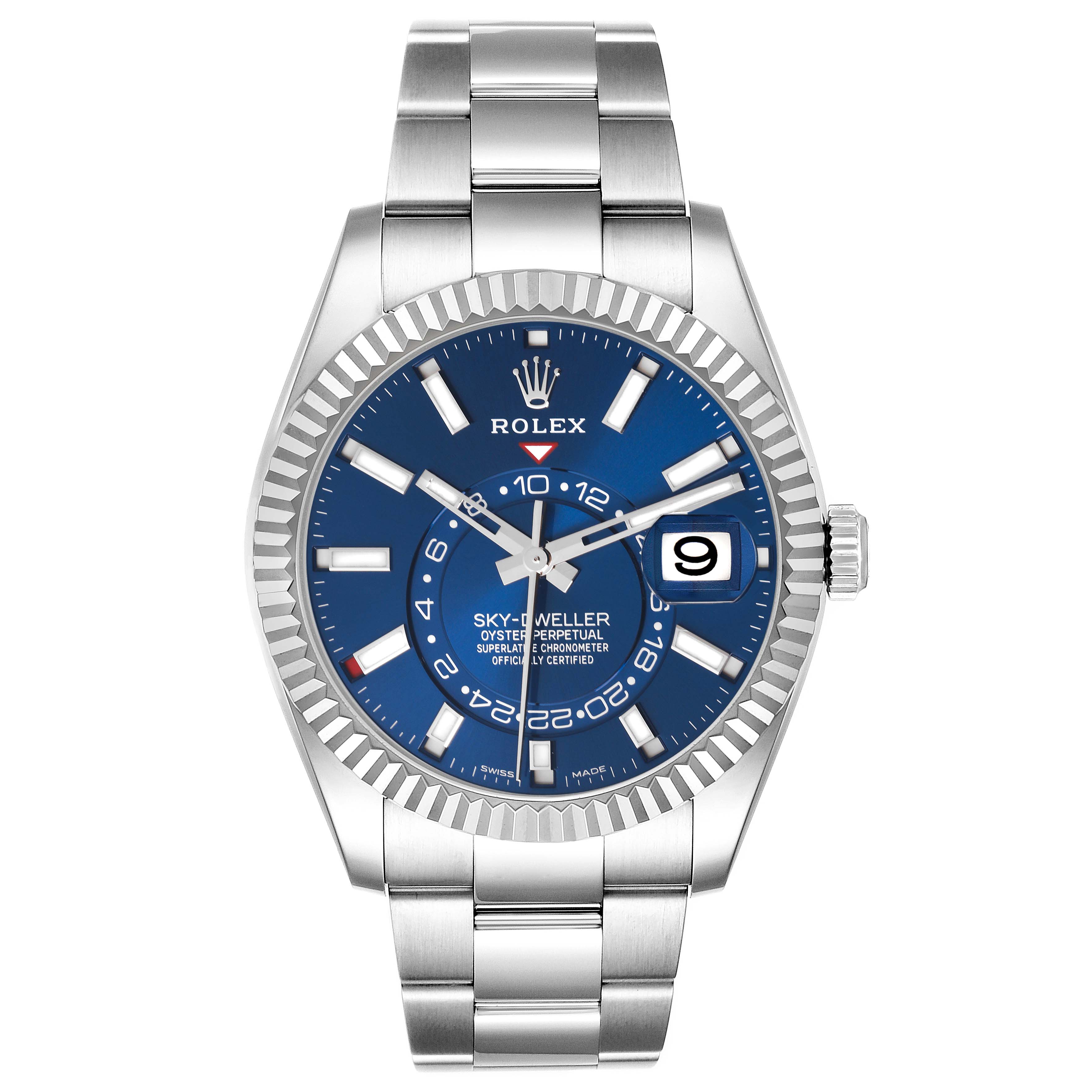 The Rolex Sky-Dweller 326934 Men's Stainless Steel Blue Dial 326934 Men's Stainless Steel Blue Dial watch is shown from the front, displaying the dial, bezel, and bracelet.