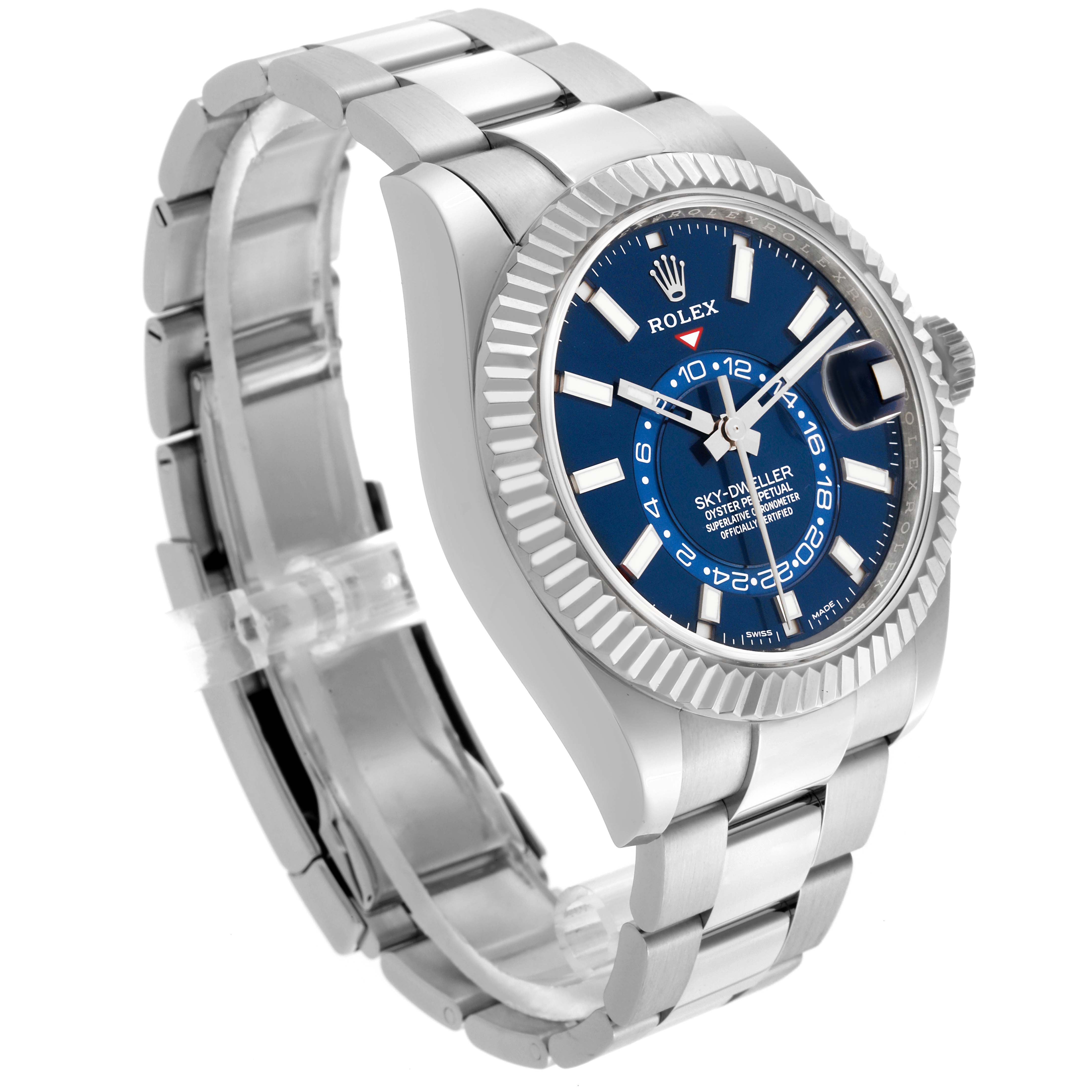 The Rolex Sky-Dweller 326934 Men's Stainless Steel Blue Dial 326934 Men's Stainless Steel Blue Dial watch is shown at a three-quarter angle, displaying the dial, bezel, crown, and bracelet.