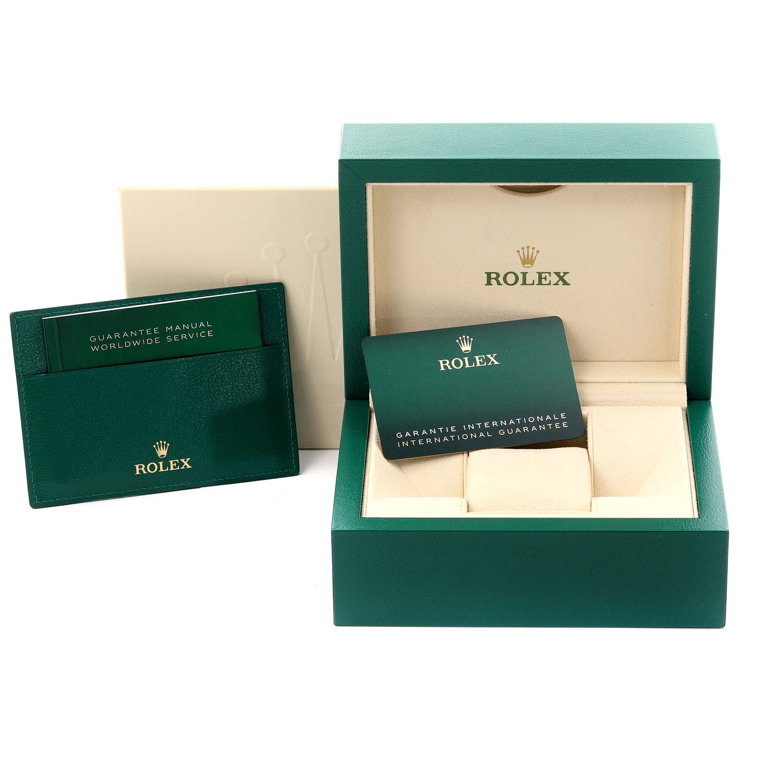 The image shows the packaging and warranty card for the Rolex Sky-Dweller 326934 Men's Stainless Steel Blue Dial 326934 Men's Stainless Steel Blue Dial watch, featuring a green box and booklet.