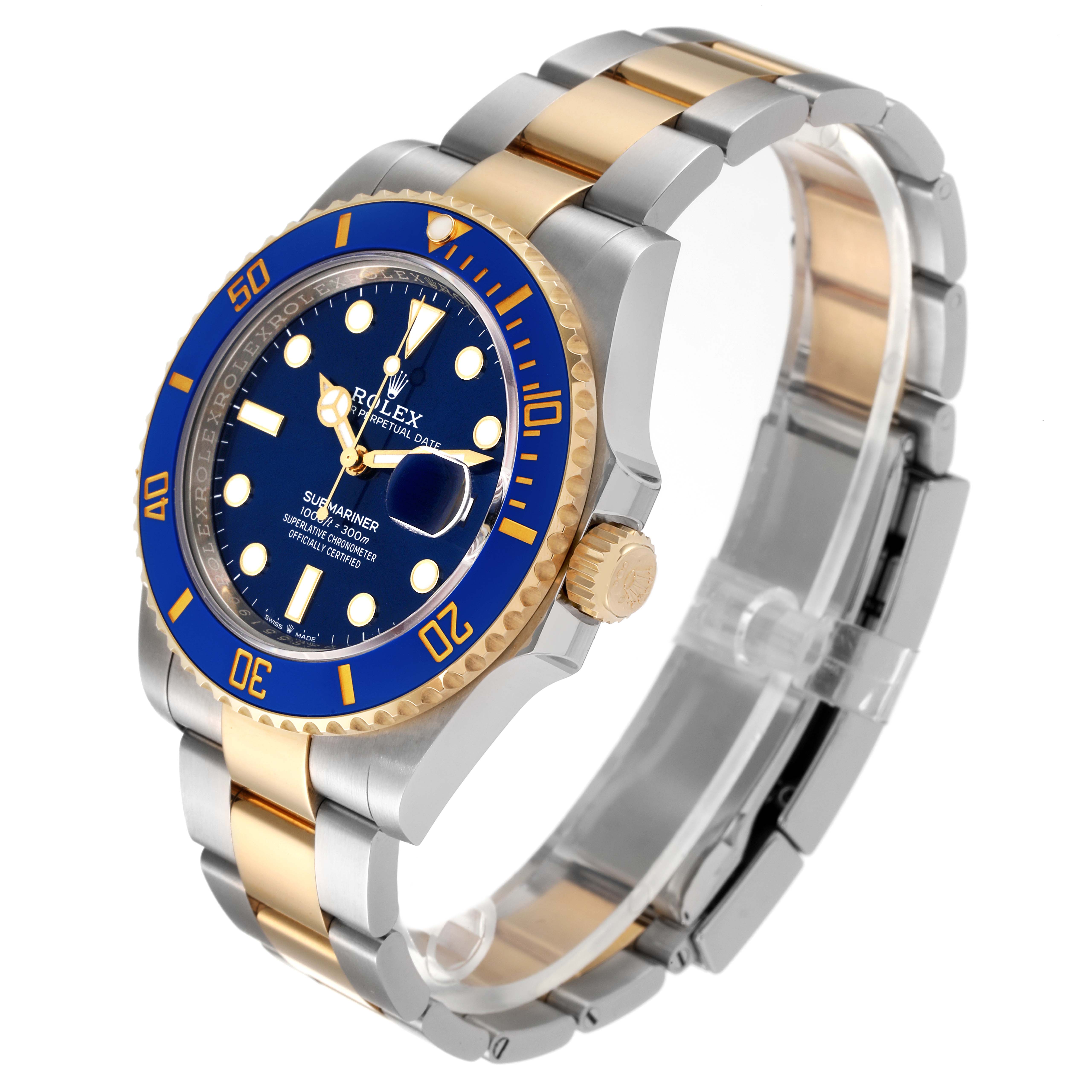 This image shows a Rolex Submariner 126613 Men
s Steel and Gold (two tone) Blue Dial 126613 Men
s Steel and Gold (two tone) Blue Dial watch angled to display the face, bezel, crown, and two-tone bracelet.