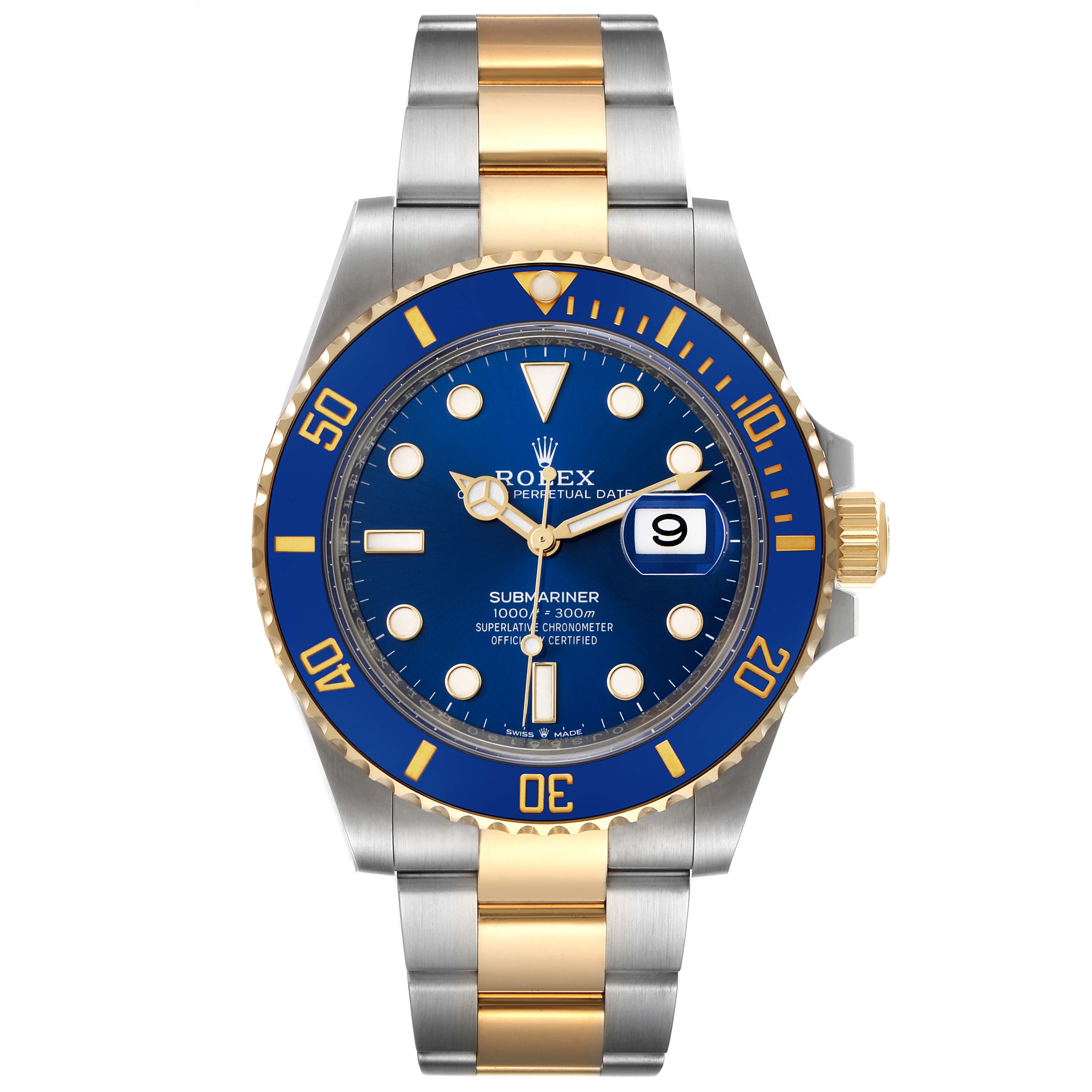 This image shows a front view of a Rolex Submariner 126613 Men
s Steel and Gold (two tone) Blue Dial 126613 Men
s Steel and Gold (two tone) Blue Dial watch with a blue dial and gold and silver band.