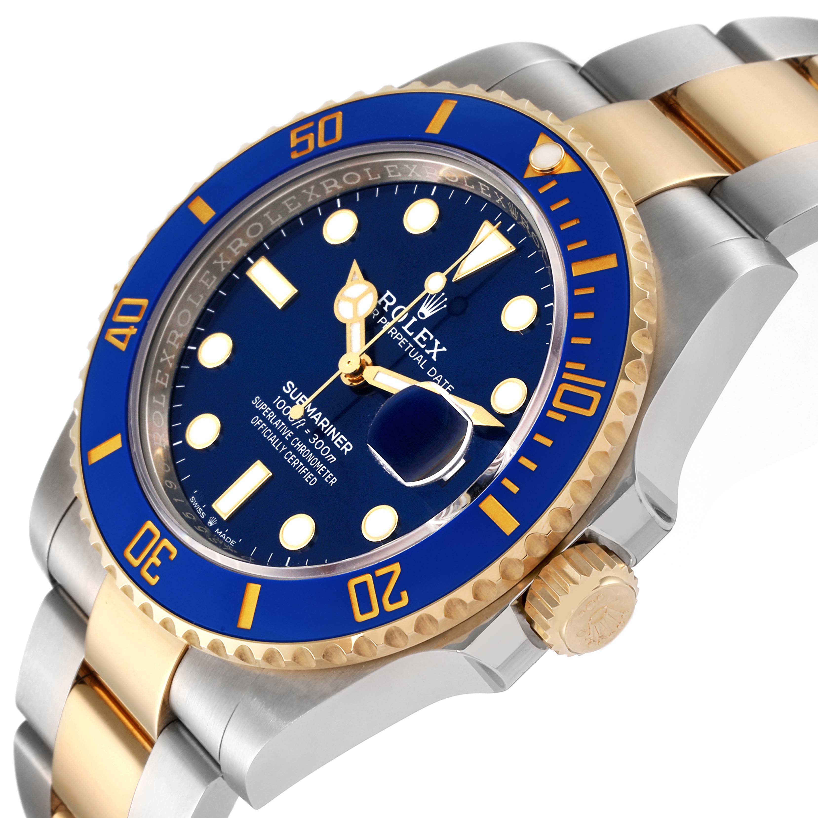 The image shows a Rolex Submariner 126613 Men
s Steel and Gold (two tone) Blue Dial 126613 Men
s Steel and Gold (two tone) Blue Dial watch at an angle highlighting the blue and gold bezel, crown, and part of the two-tone bracelet.