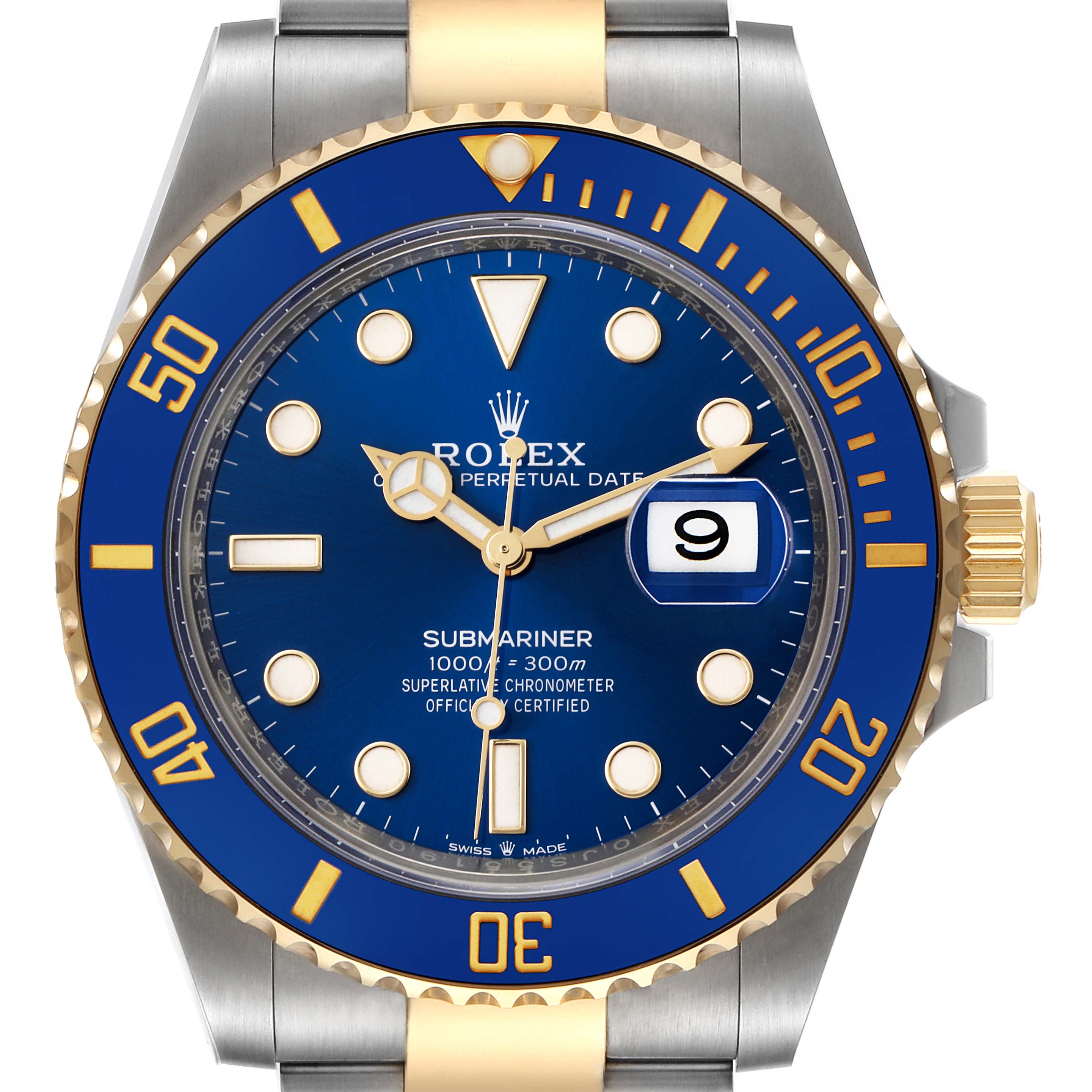 The image shows a front view of a Rolex Submariner 126613 Men
s Steel and Gold (two tone) Blue Dial 126613 Men
s Steel and Gold (two tone) Blue Dial watch, featuring a blue dial, gold accents, and a date display.