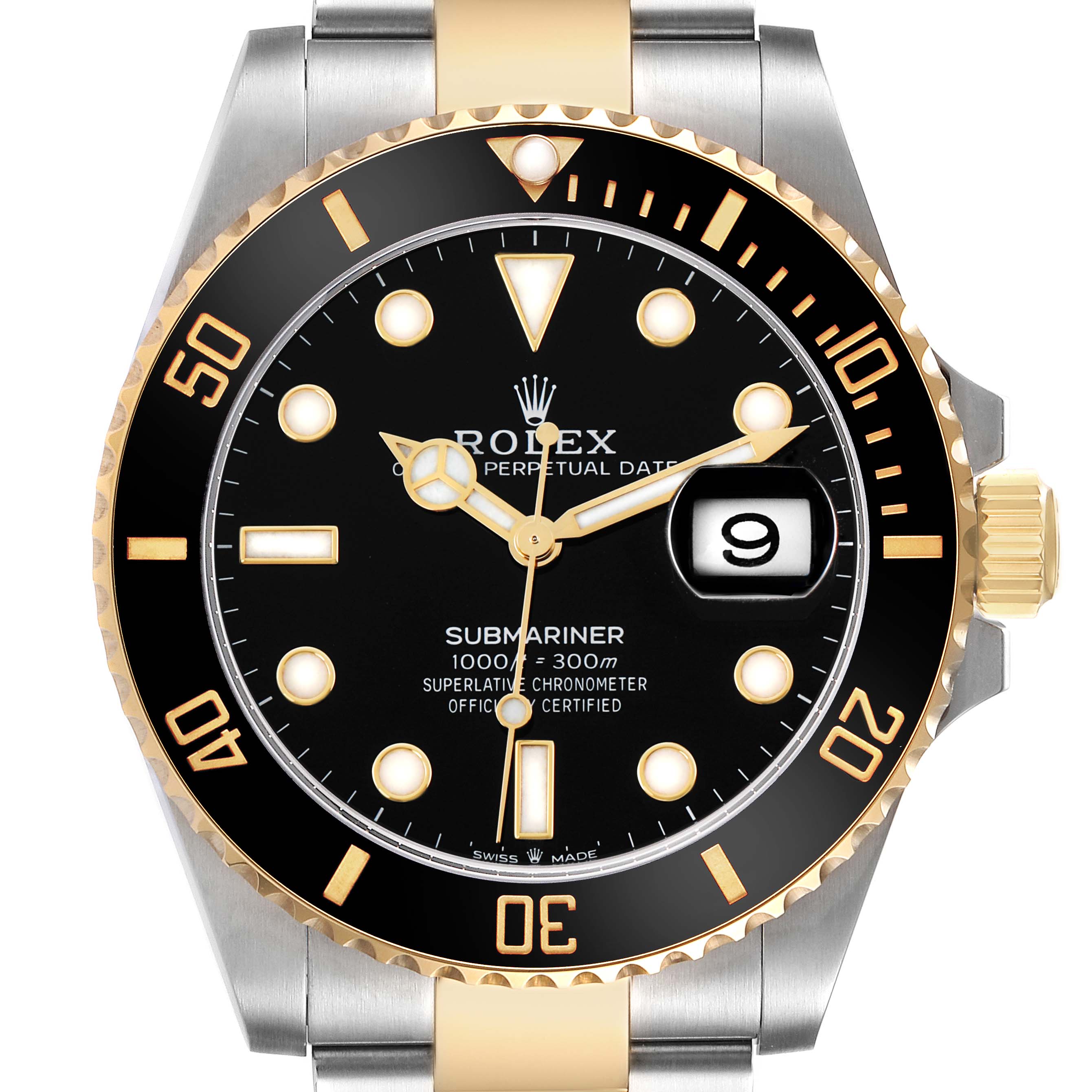 This is a front view of a Rolex Submariner watch, showing the dial, bezel, and part of the bracelet.