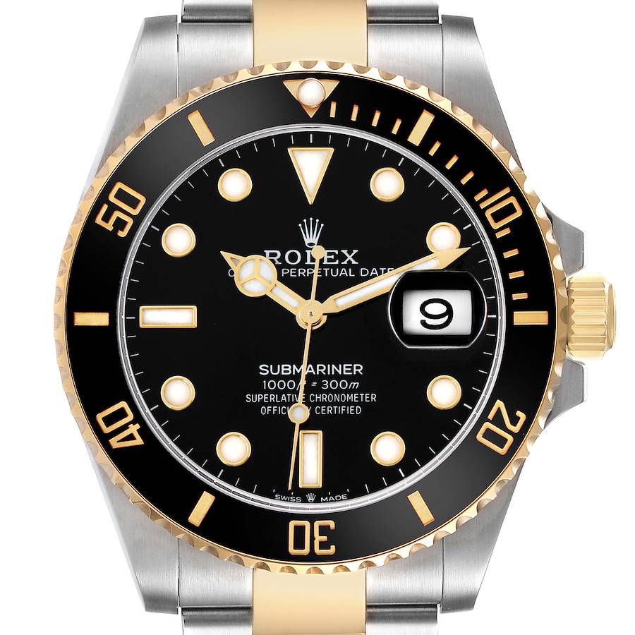 This is a front view of a Rolex Submariner watch, showing the dial, bezel, and part of the bracelet.