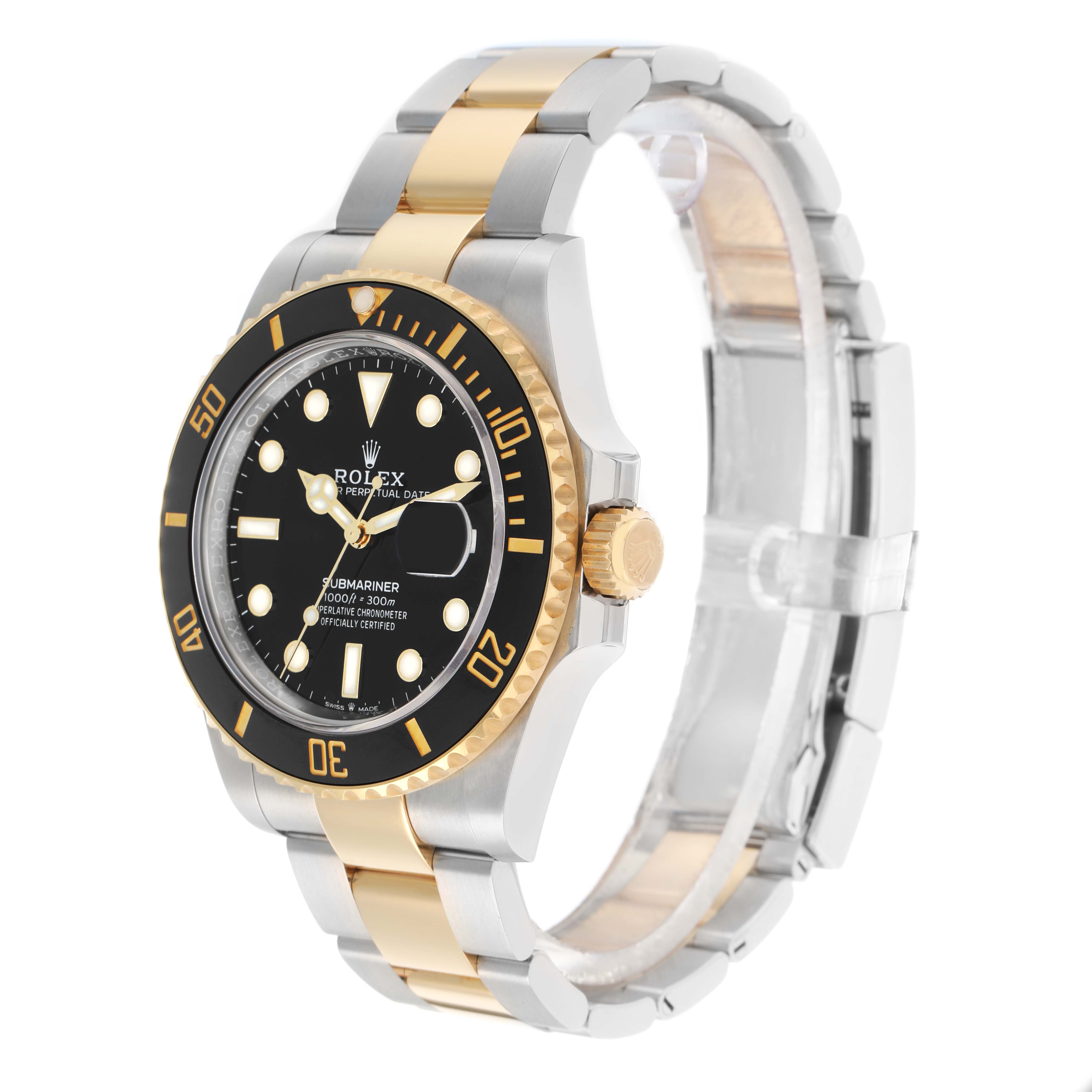The Rolex Submariner watch is shown at a three-quarter angle, displaying the face, bezel, crown, and bracelet.