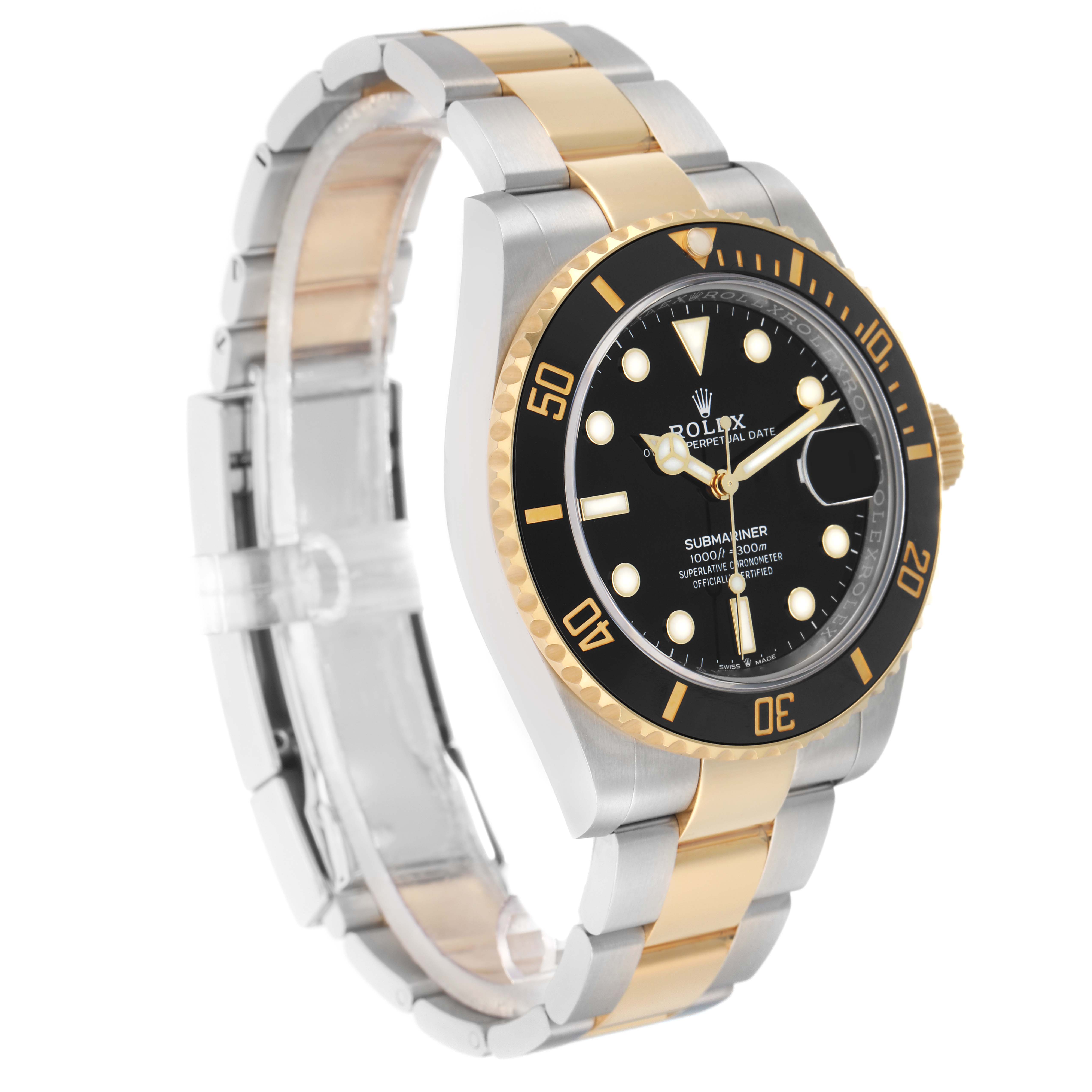 The Rolex GMT-Master 126613 Men
s Steel and Gold (two tone) Black Dial watch is shown at a three-quarter angle, highlighting the bezel, dial, and two-tone bracelet.