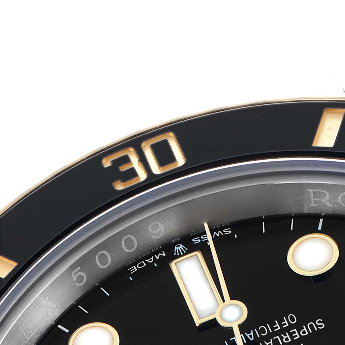 The image shows a close-up of the bezel and dial of a Rolex GMT-Master 126613 Men
s Steel and Gold (two tone) Black Dial, focusing on the number "30" and markers.