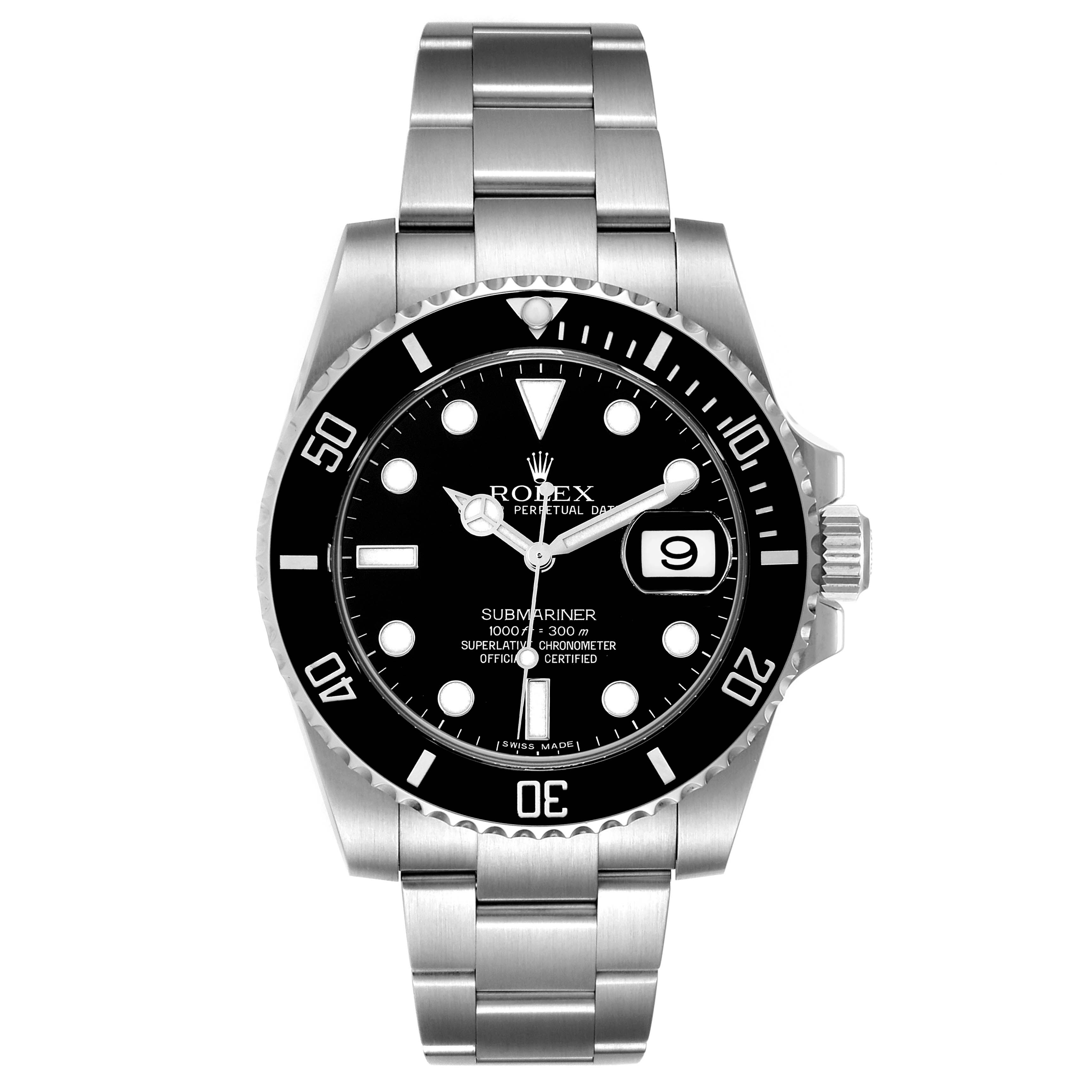 This image shows a front view of a Rolex Submariner 116610 Men
s Stainless Steel Black Dial 116610 Men
s Stainless Steel Black Dial watch, displaying its dial, bezel, bracelet, and date window.