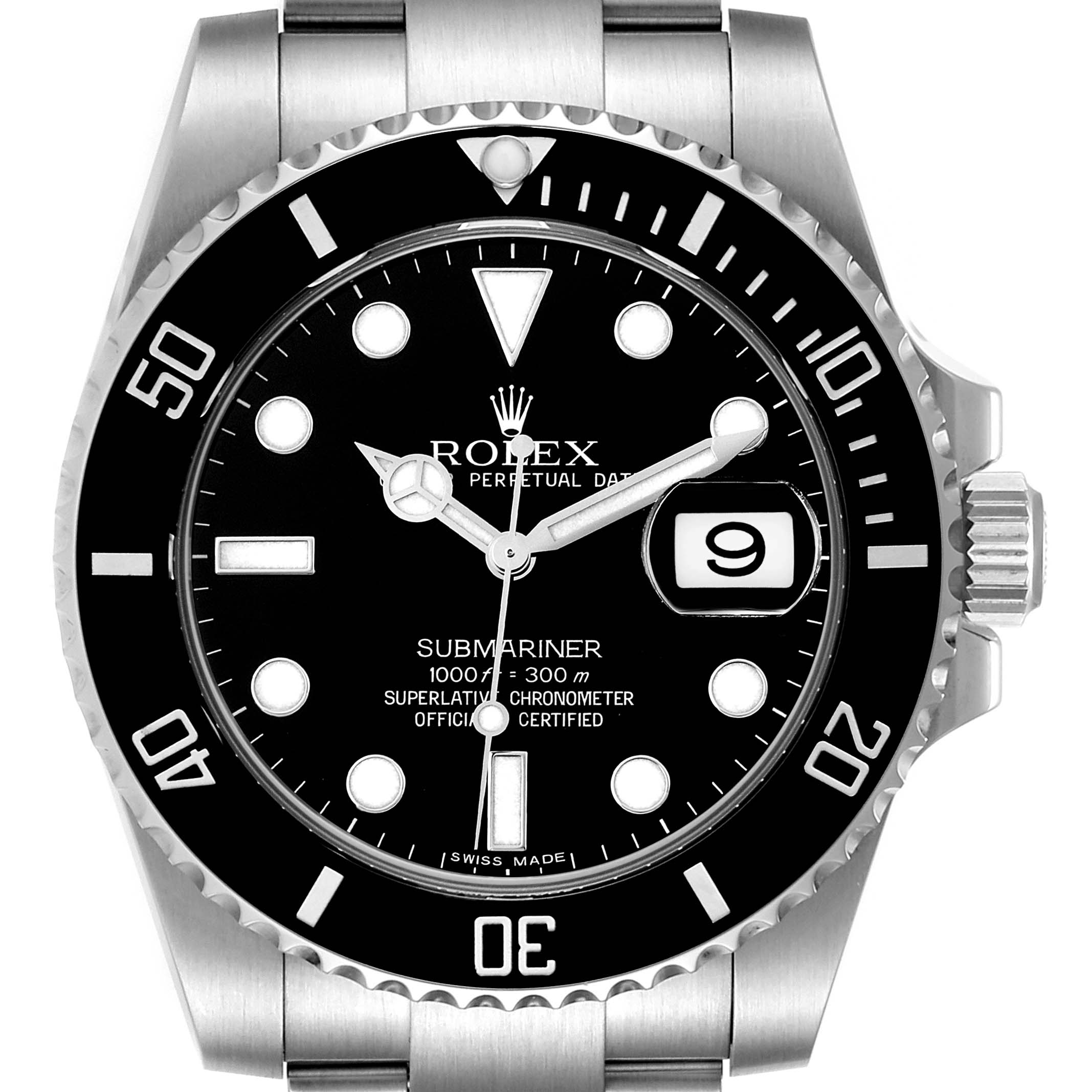 The image shows a front view of a Rolex Submariner 116610 Men
s Stainless Steel Black Dial 116610 Men
s Stainless Steel Black Dial watch, highlighting its dial, bezel, hands, and date window.