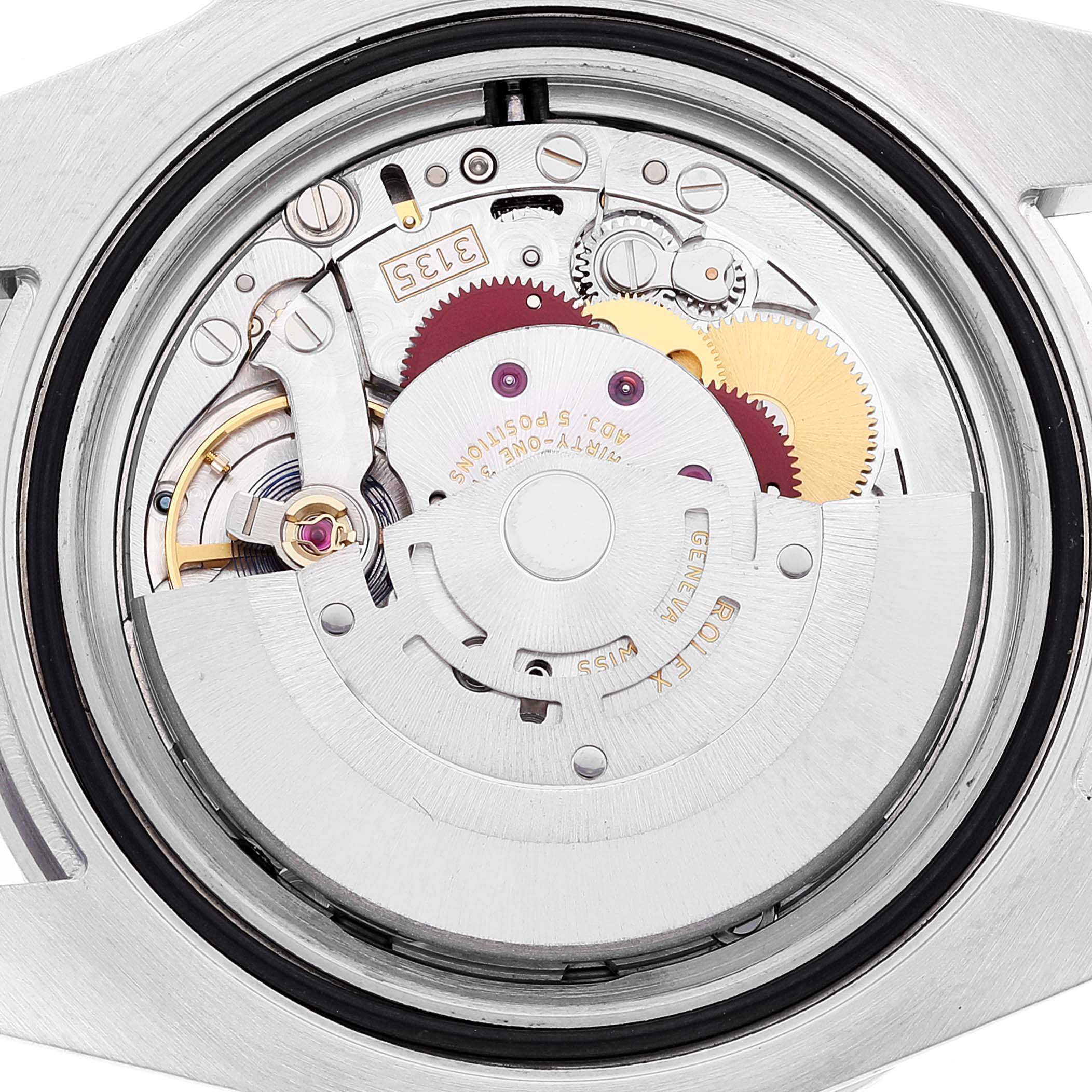 This image shows the internal mechanism of a Rolex Submariner 116610 Men
s Stainless Steel Black Dial 116610 Men
s Stainless Steel Black Dial watch from a back view, including gears and the rotor.