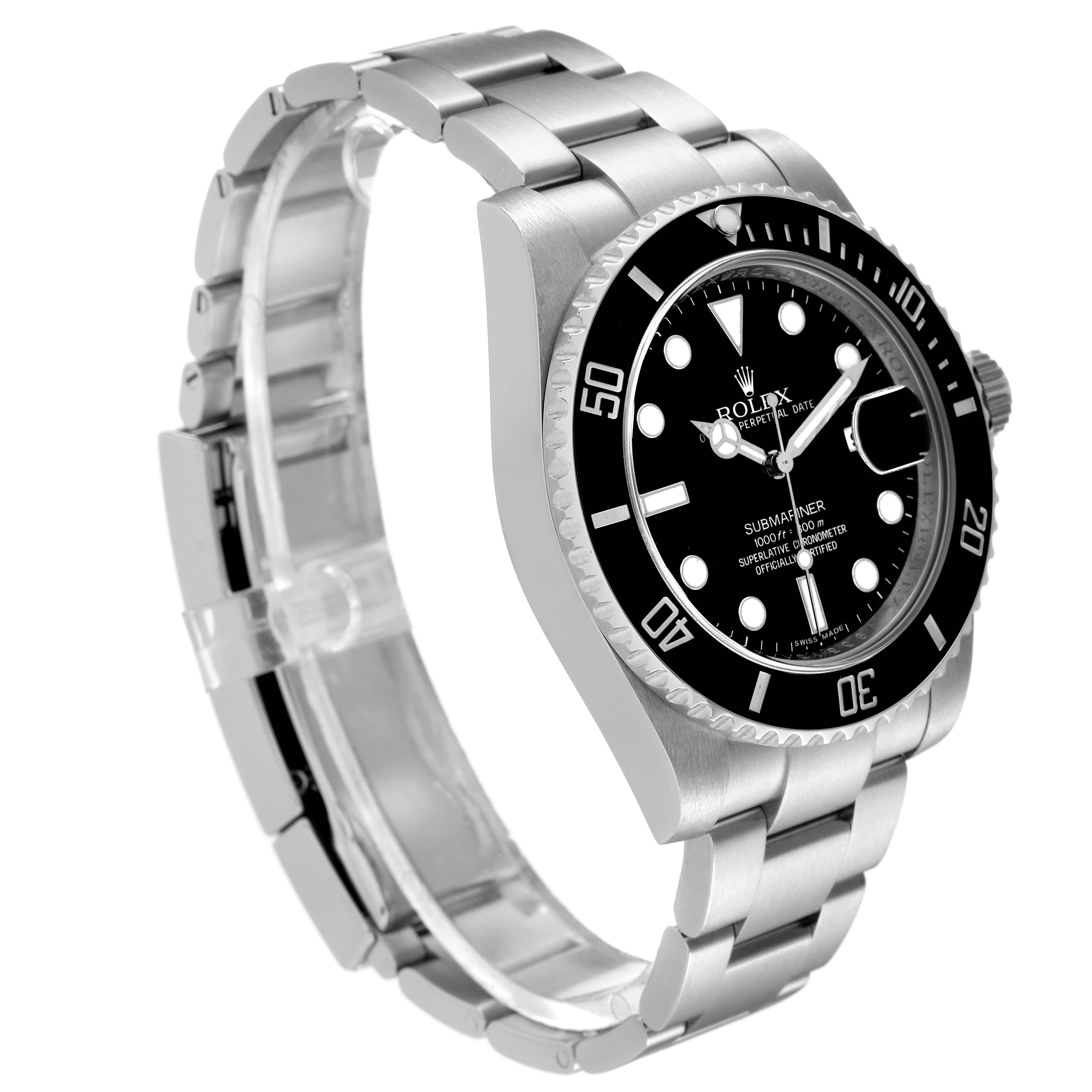The Rolex Submariner 116610 Men
s Stainless Steel Black Dial 116610 Men
s Stainless Steel Black Dial watch is shown at a slight angle, revealing its face, bezel, crown, and part of its bracelet.
