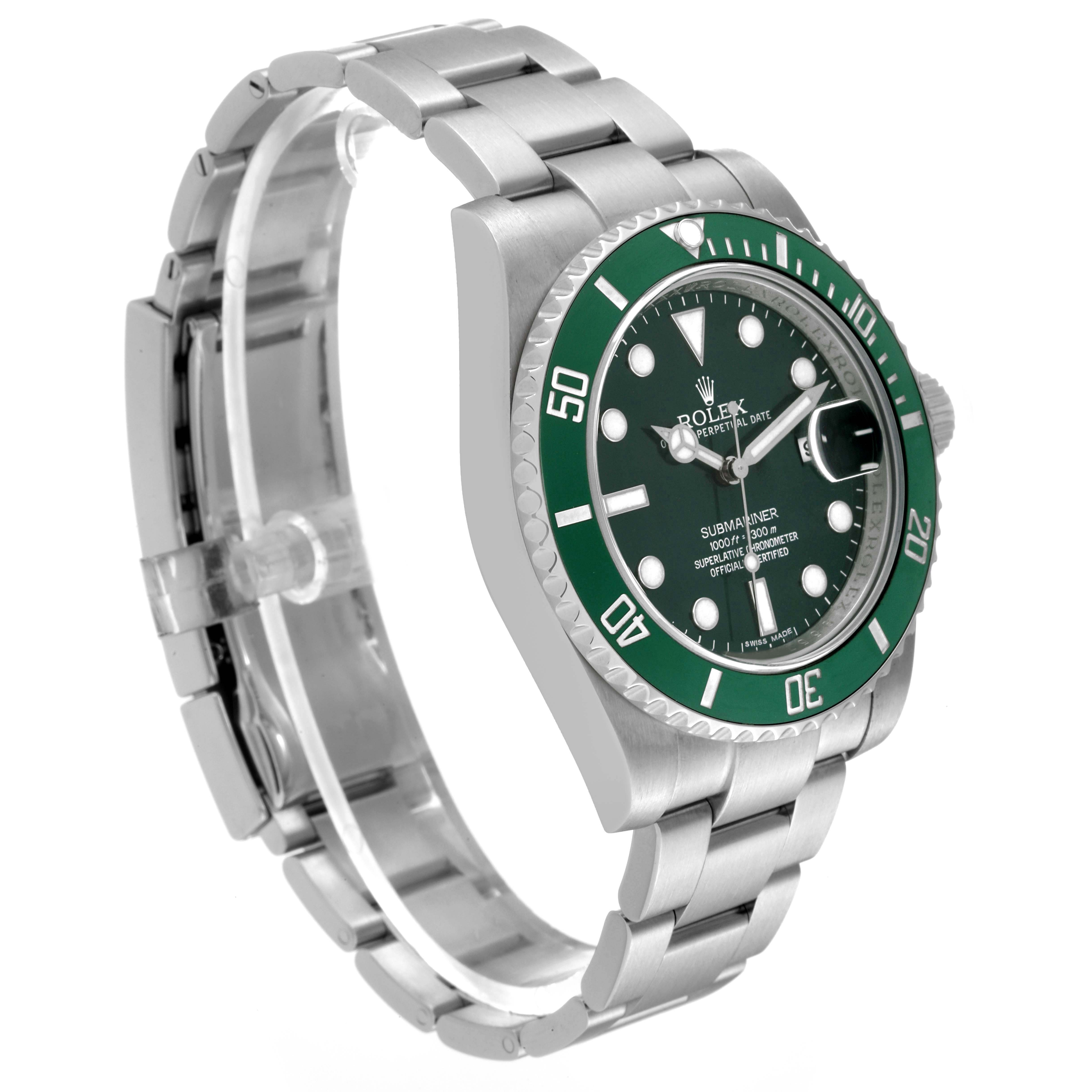 The Rolex Submariner 116610LV Men's Stainless Steel Green Dial 116610LV Men's Stainless Steel Green Dial watch is shown at a three-quarter angle, displaying its green bezel, dial, and stainless steel bracelet.