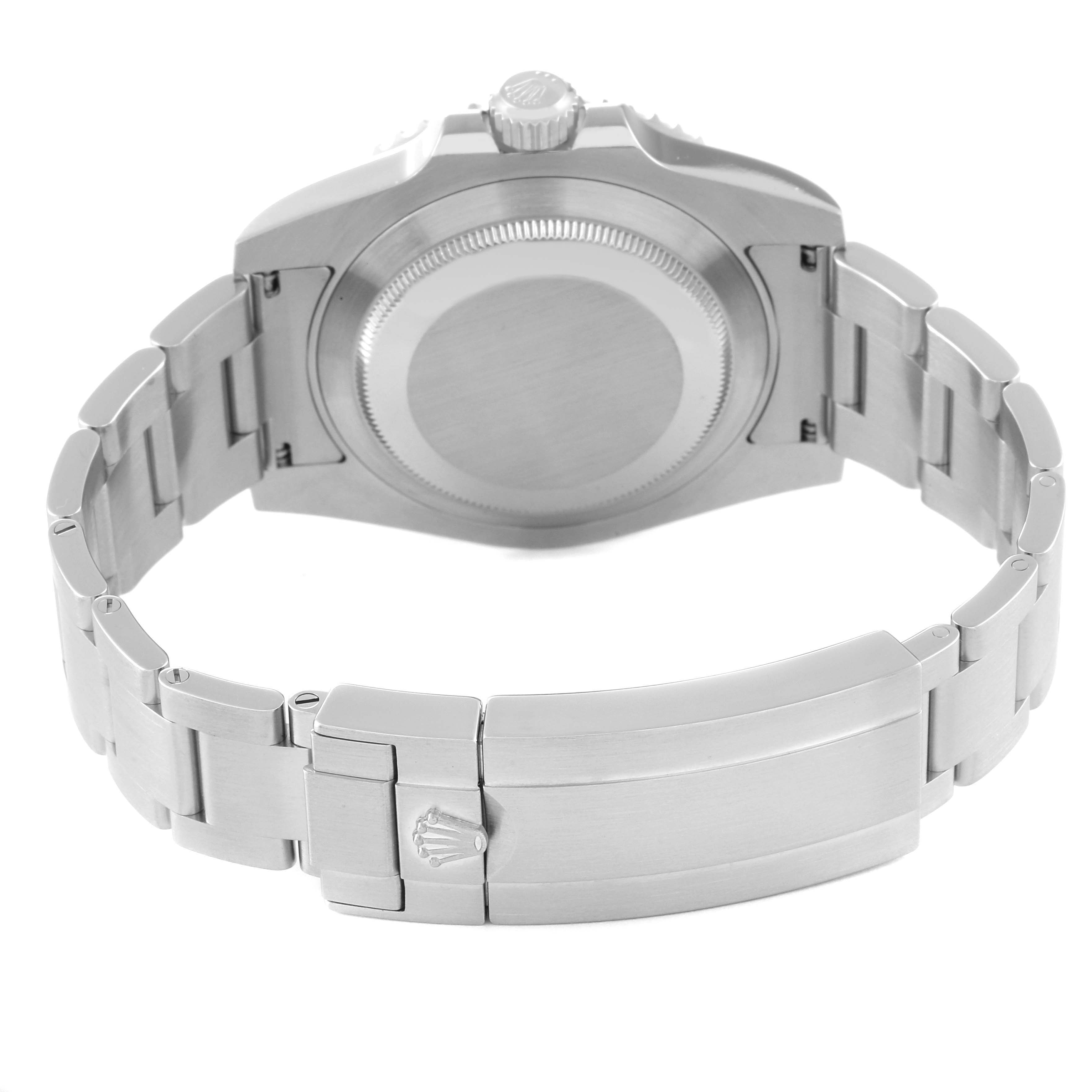 The image shows the back view of a Rolex Submariner 116610LV Men's Stainless Steel Green Dial 116610LV Men's Stainless Steel Green Dial watch, highlighting its case back, bracelet, and clasp.