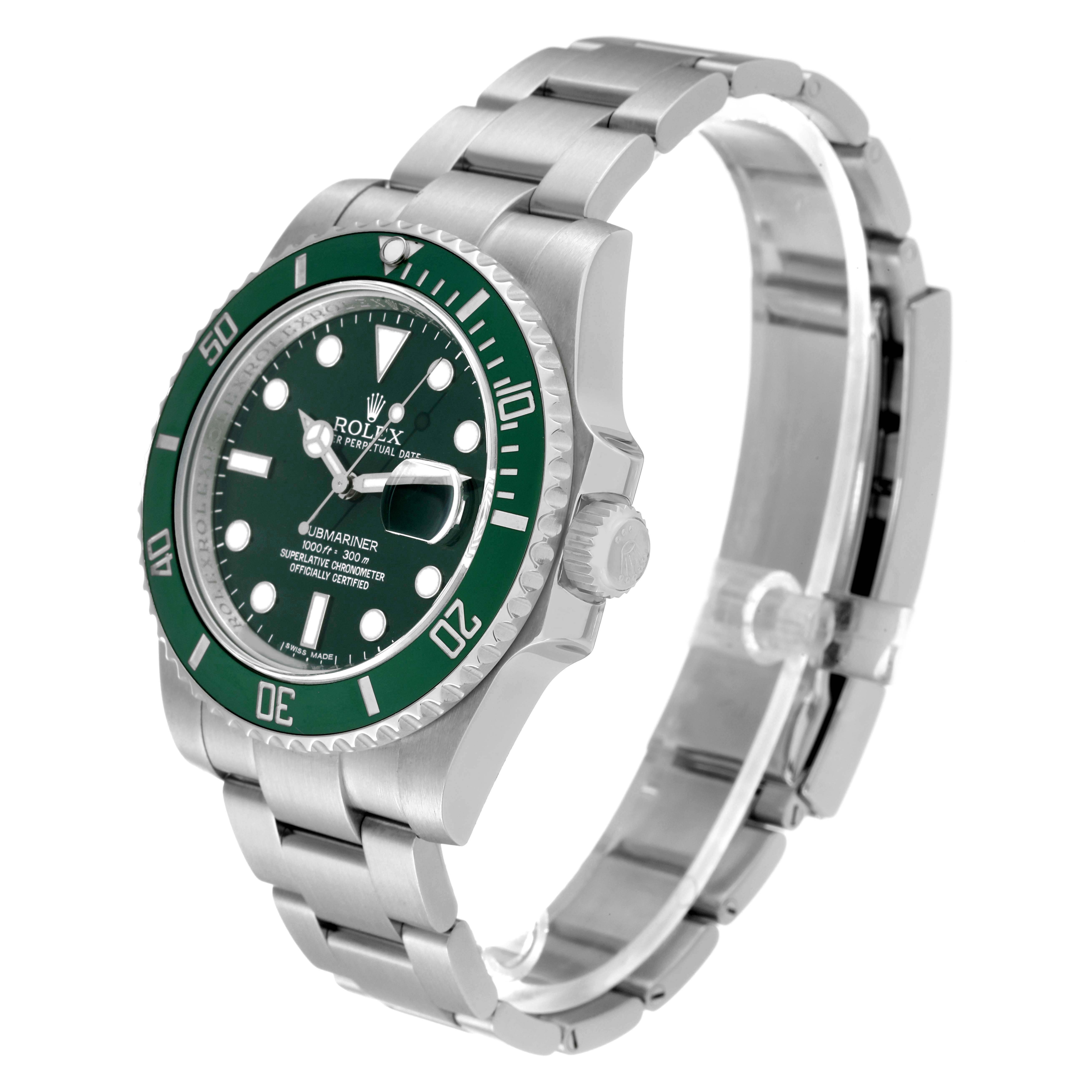 This image shows a Rolex Submariner 116610LV Men's Stainless Steel Green Dial 116610LV Men's Stainless Steel Green Dial watch at a three-quarter angle, highlighting the dial, bezel, crown, and bracelet.
