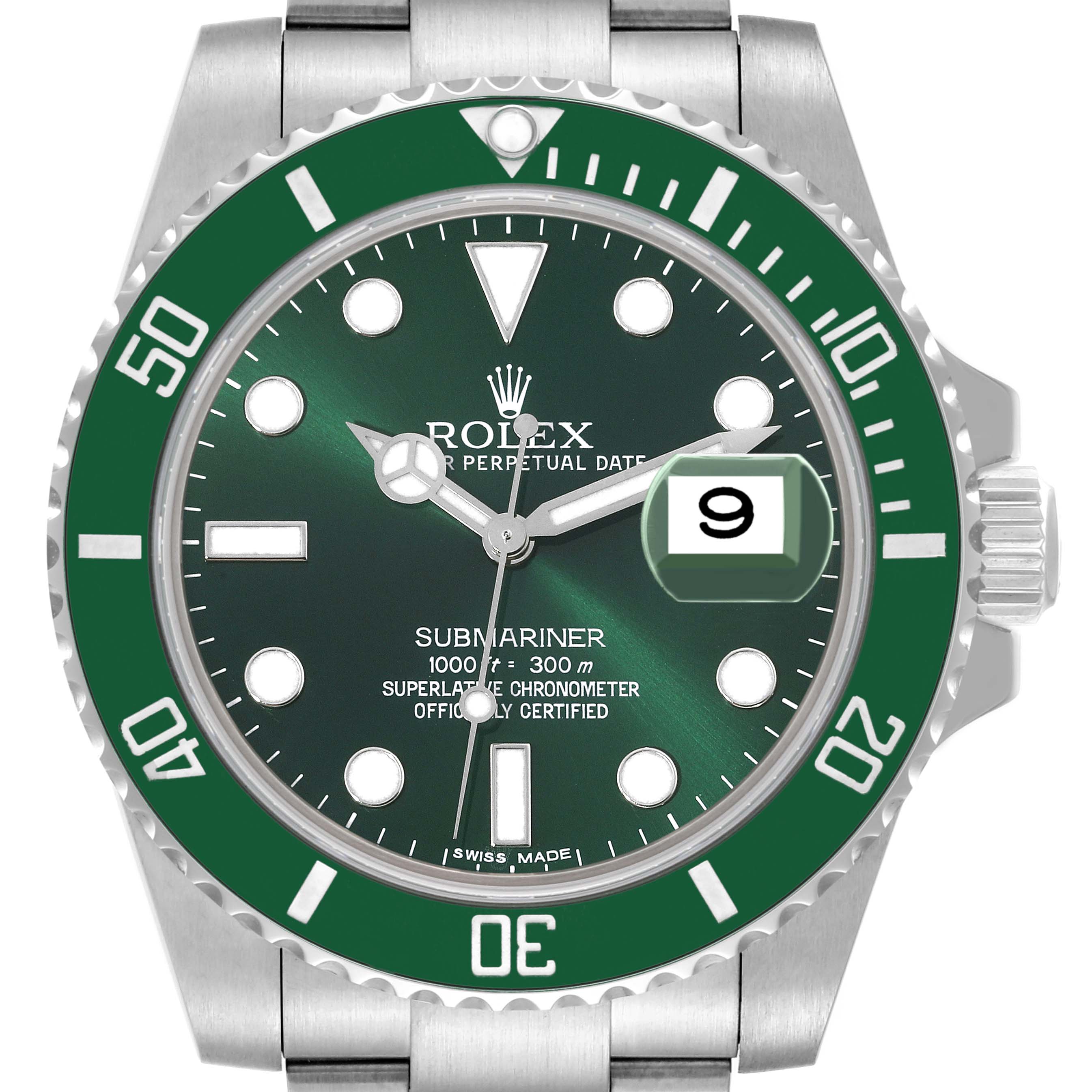 The image shows a front view of the Rolex Submariner 116610LV Men's Stainless Steel Green Dial 116610LV Men's Stainless Steel Green Dial watch, highlighting the dial, bezel, hands, crown, and the bracelet top link.