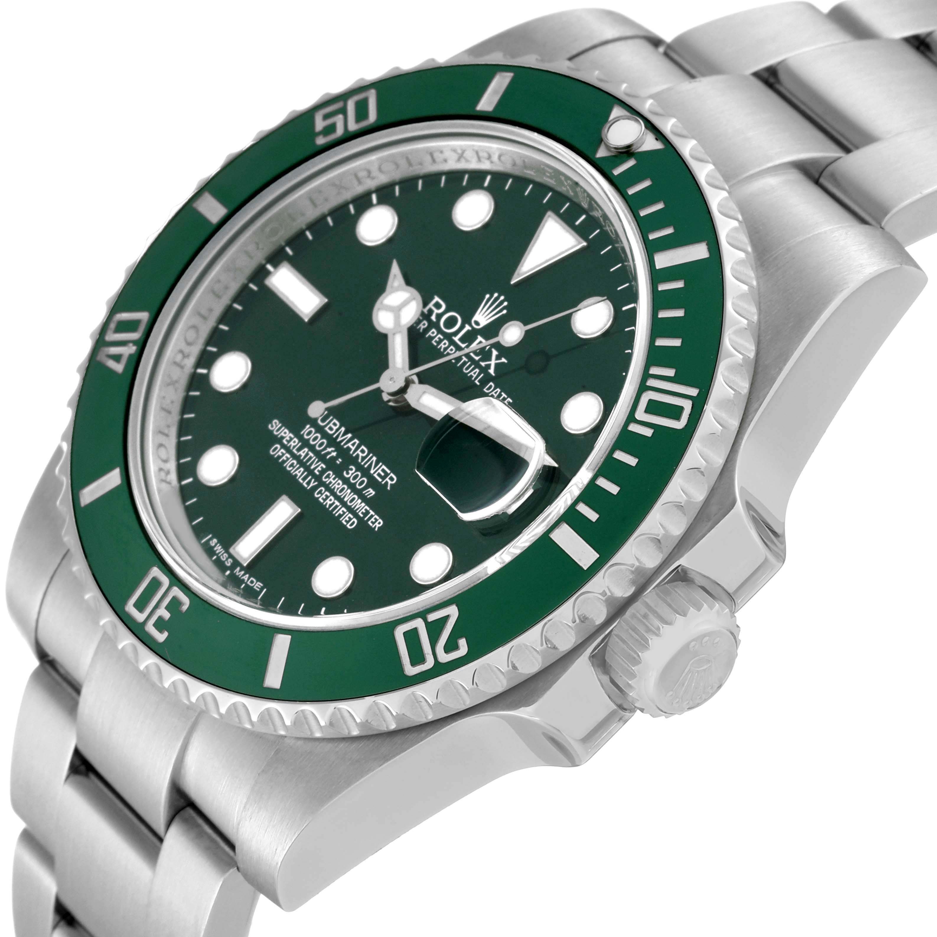 The image shows a Rolex Submariner 116610LV Men's Stainless Steel Green Dial 116610LV Men's Stainless Steel Green Dial watch from an angled perspective, highlighting the green bezel, dial, crown, and part of the bracelet.
