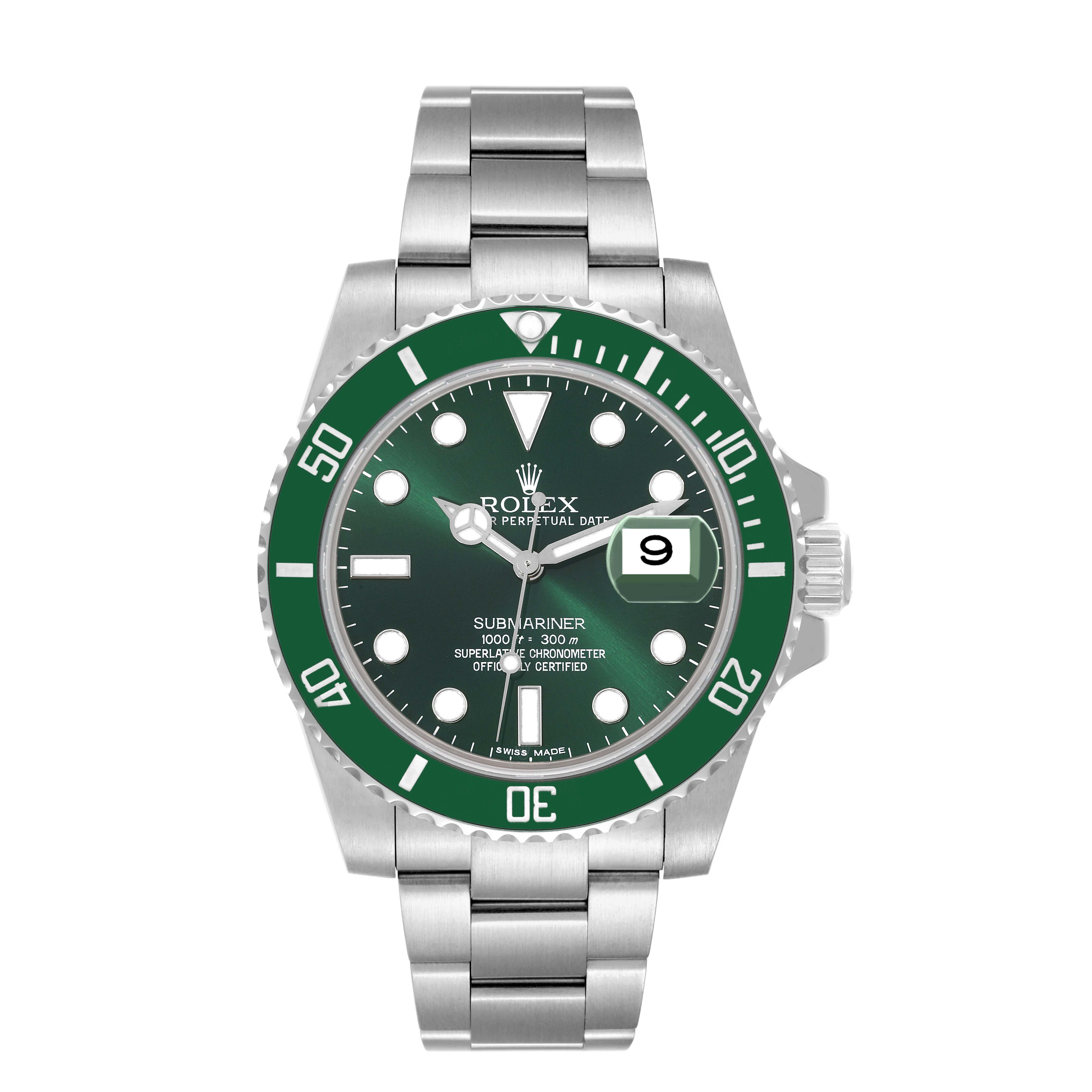 The image shows a front view of a Rolex Submariner 116610LV Men's Stainless Steel Green Dial 116610LV Men's Stainless Steel Green Dial watch, highlighting its green dial, bezel, and stainless steel bracelet.