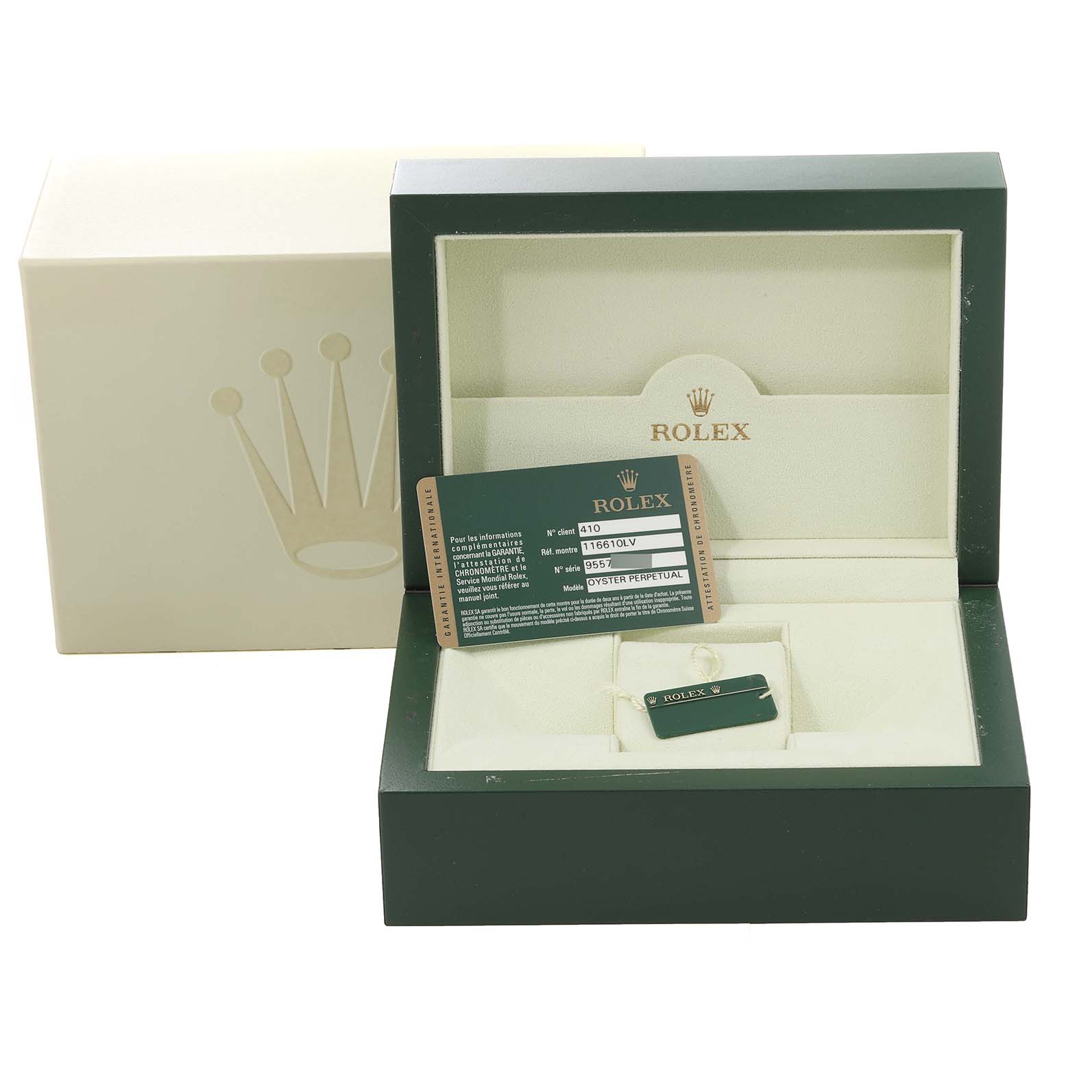 This image shows the open green and beige box with cards for the Rolex Submariner 116610LV Men's Stainless Steel Green Dial 116610LV Men's Stainless Steel Green Dial model.