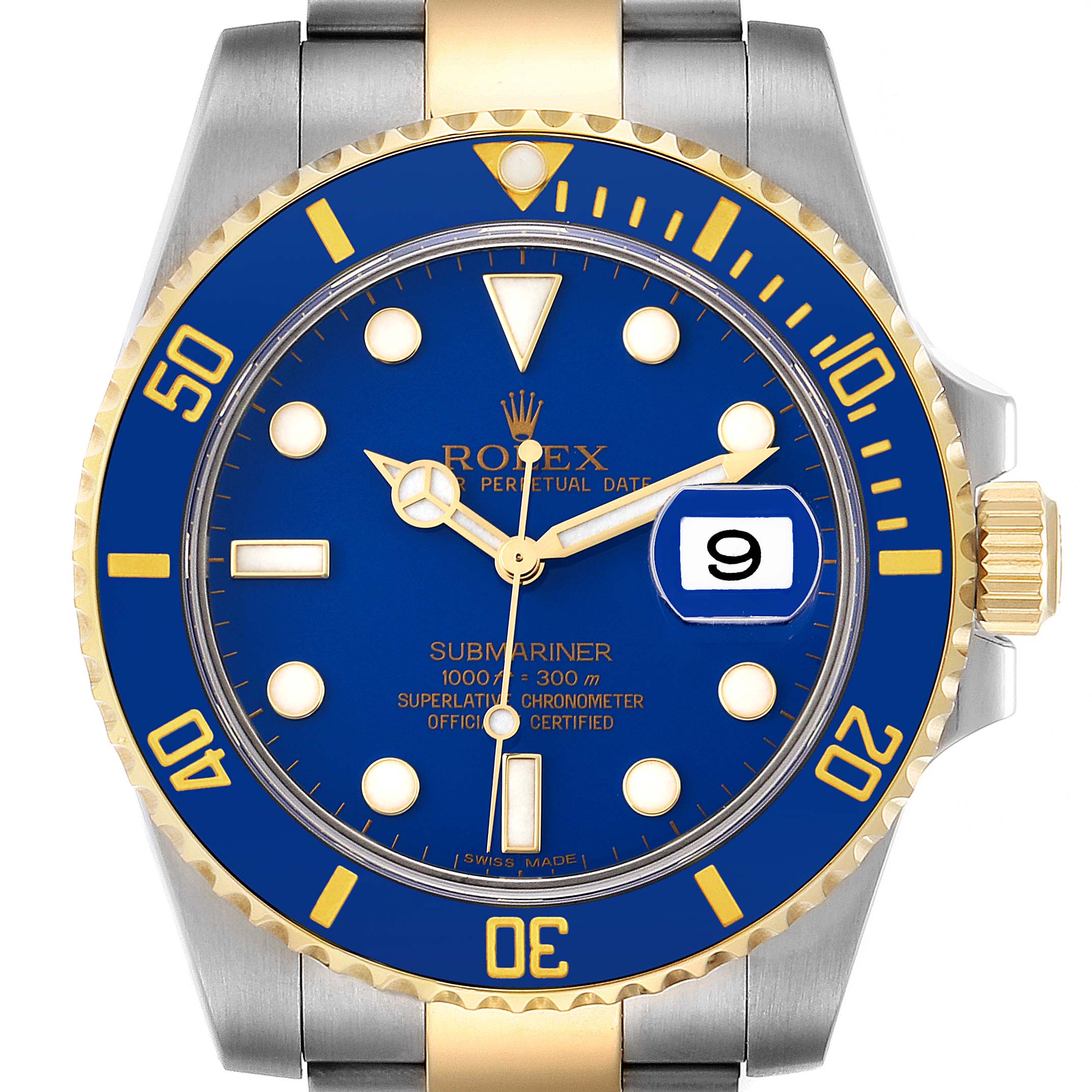 This image shows a close-up of the dial and bezel of a Rolex Submariner 116613 Men's Steel and Gold (two tone) Blue Dial 116613 Men's Steel and Gold (two tone) Blue Dial watch, highlighting the blue face and yellow-gold accents.