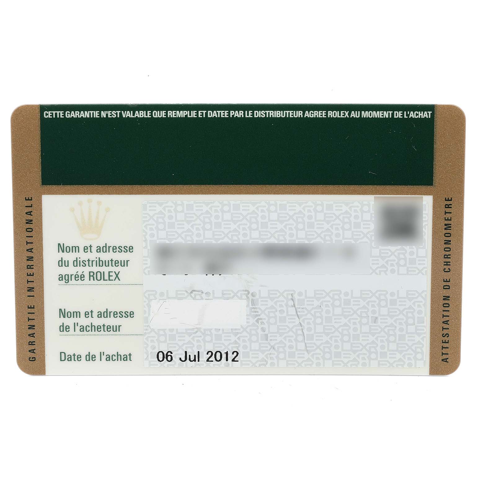 The image shows a warranty card for the Rolex Submariner 116613 Men's Steel and Gold (two tone) Blue Dial 116613 Men's Steel and Gold (two tone) Blue Dial watch, including date of purchase and dealer information.