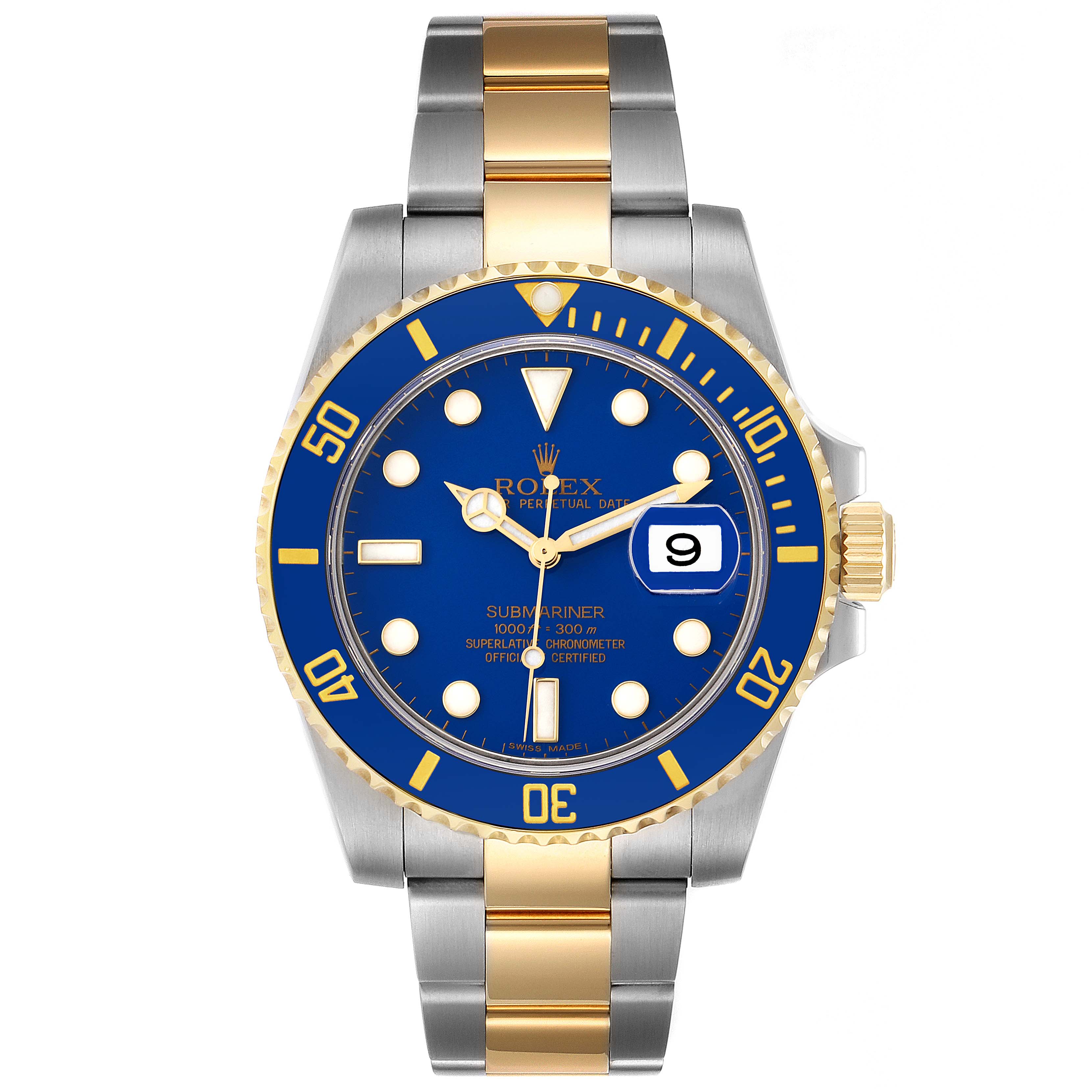 This Rolex Submariner 116613 Men's Steel and Gold (two tone) Blue Dial 116613 Men's Steel and Gold (two tone) Blue Dial model is shown from the front, displaying the dial, bezel, case, and bracelet.
