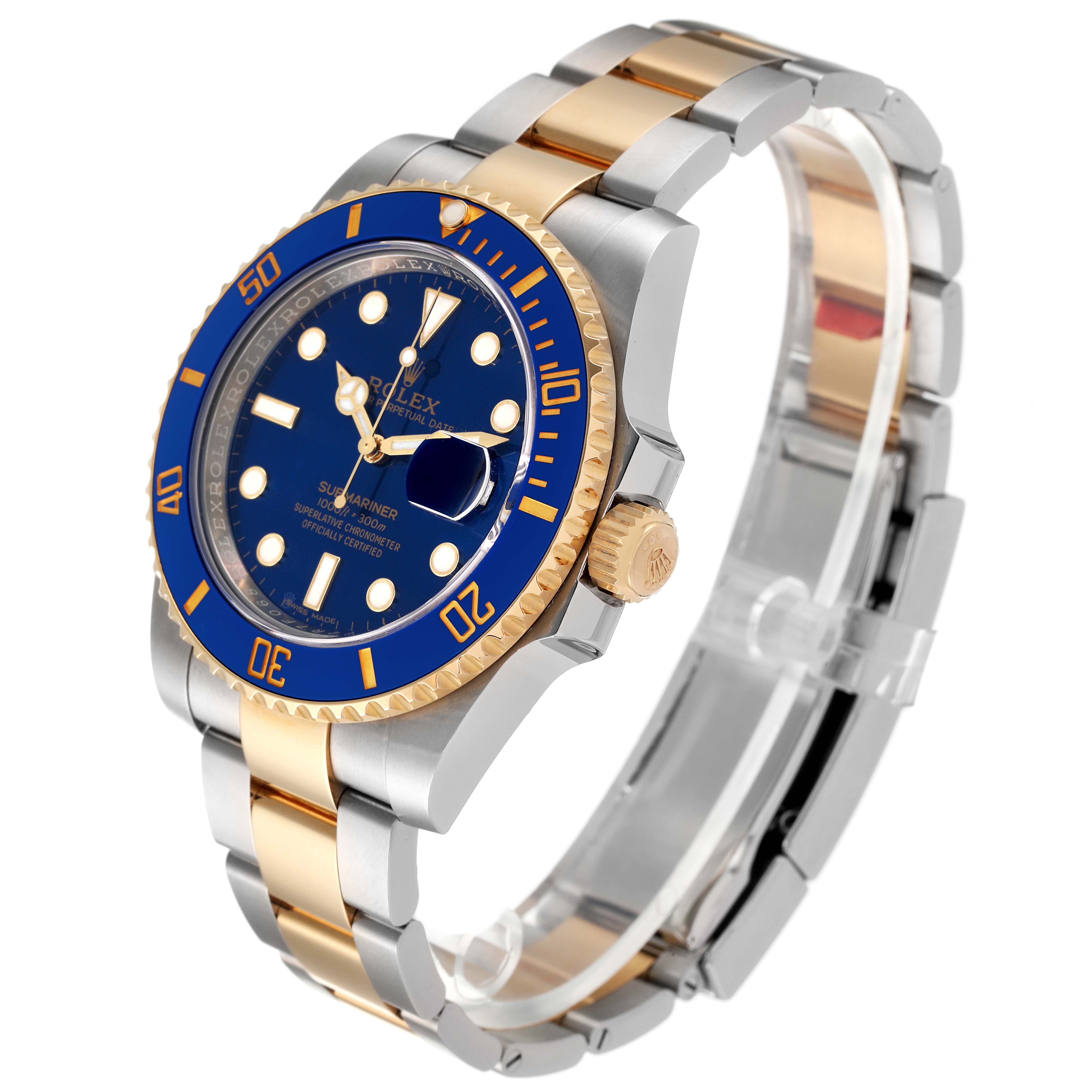 The image shows a Rolex Submariner 116613 Men's Yellow Gold Blue Dial 116613 Men's Yellow Gold Blue Dial watch at an angle highlighting the face, bezel, crown, and bracelet with a blue and gold design.
